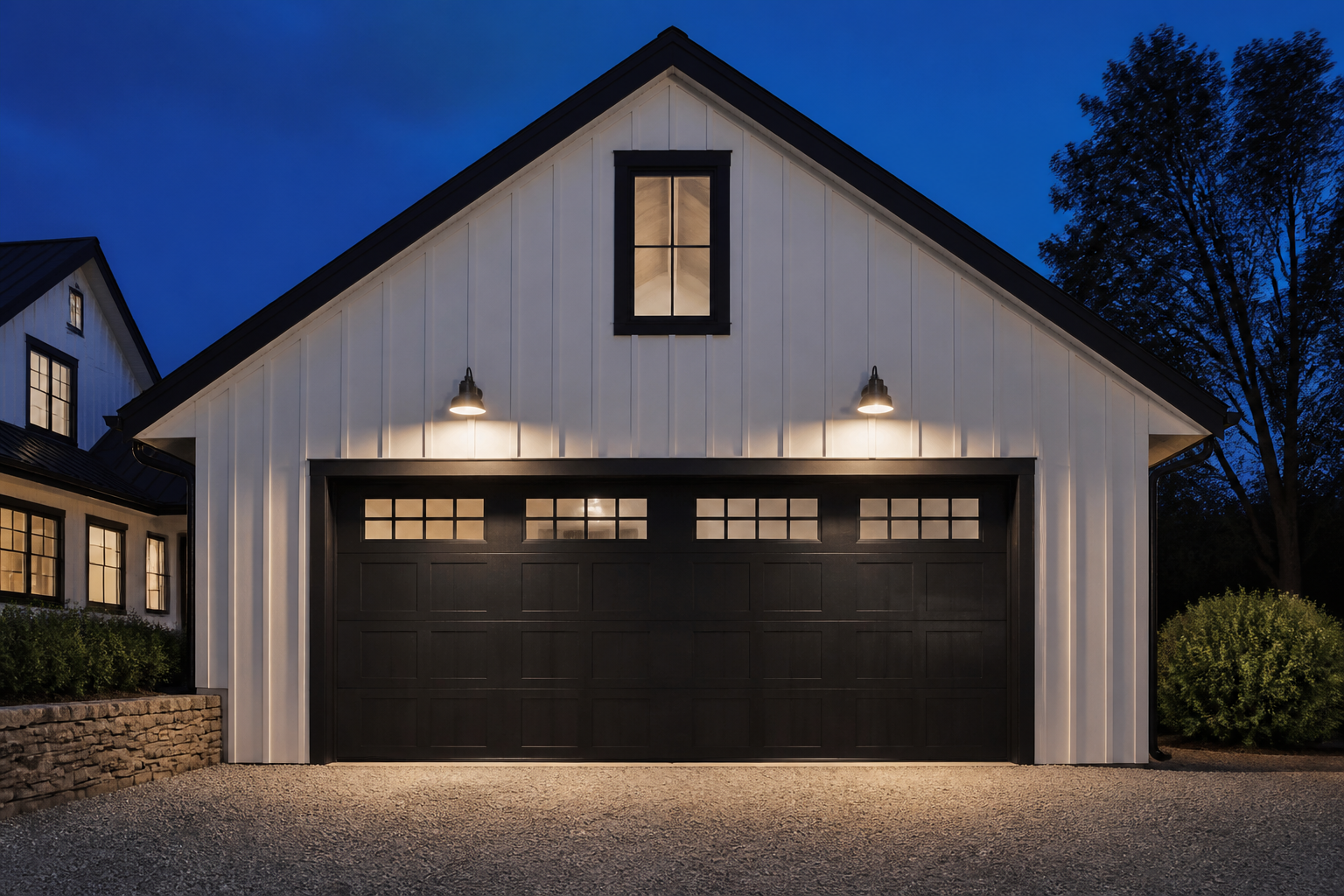 Modern farmhouse garage with brushed nickel cylindrical LED fixtures providing warm overhead lighting