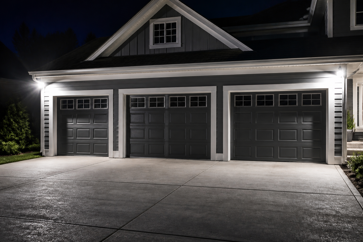 Large three-car garage with corner-mounted smart LED floodlights providing motion-activated security lighting