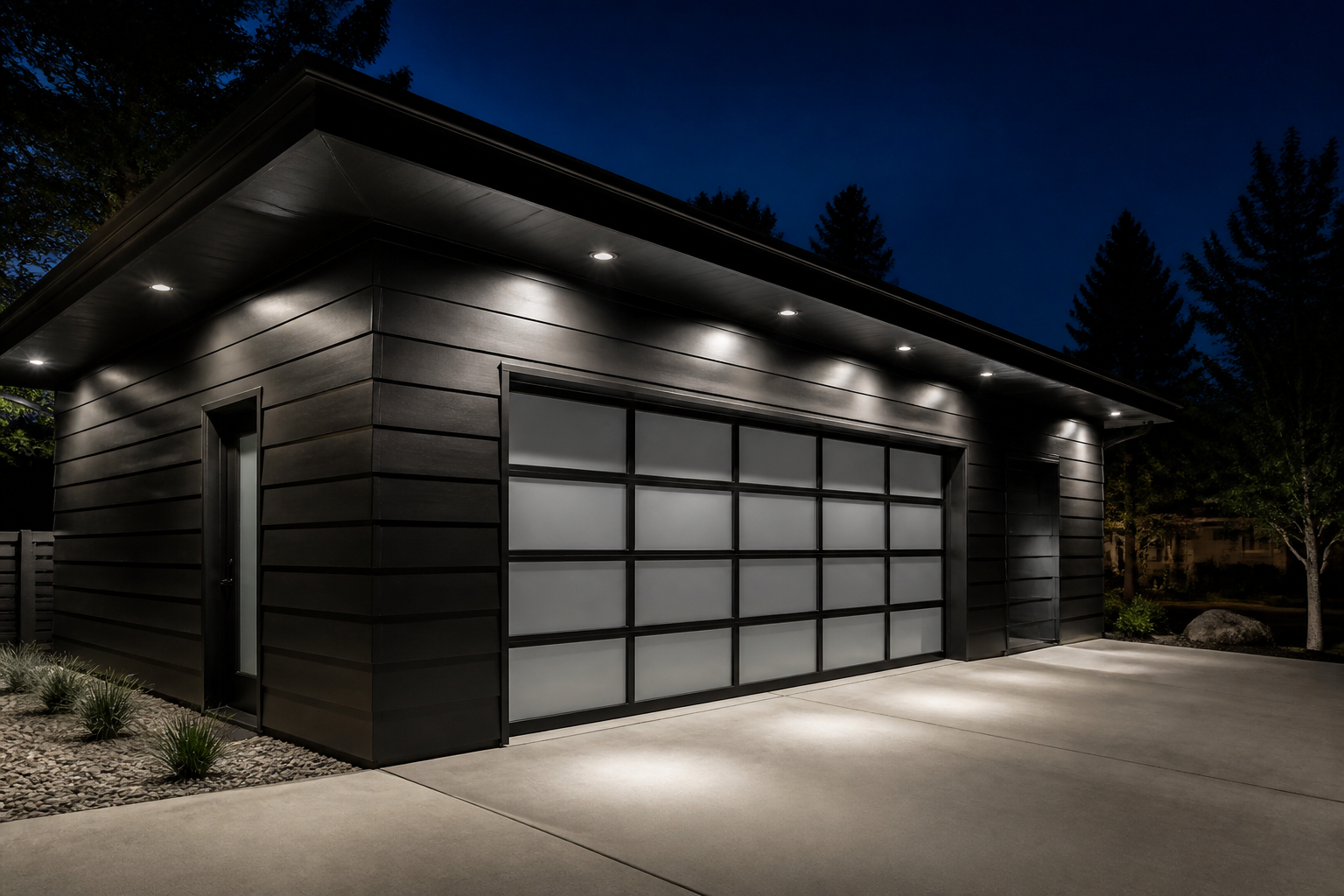Minimalist modern garage featuring recessed LED soffit lights creating even downward illumination