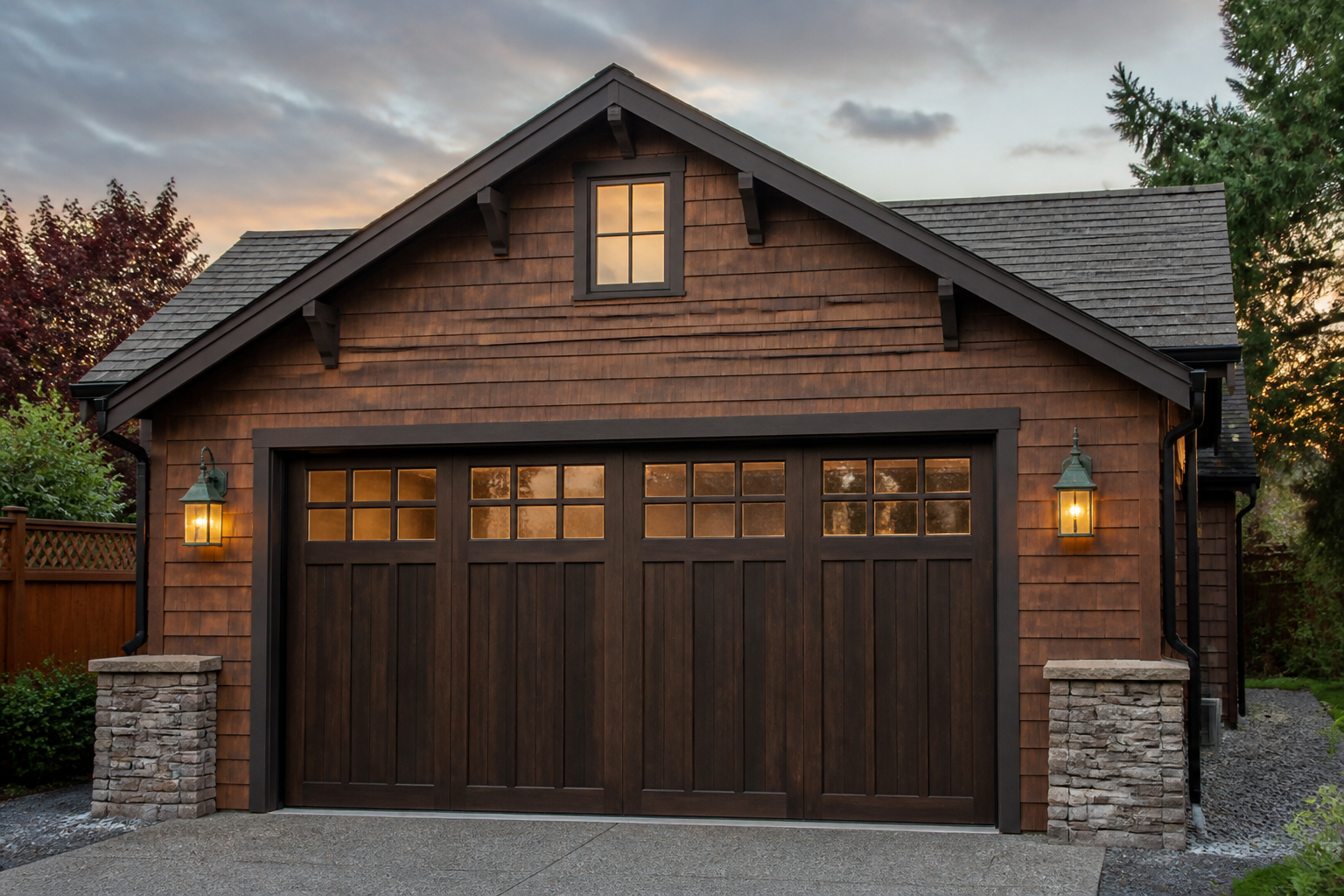 Craftsman garage featuring copper lantern fixtures with patina finish and seeded glass panels