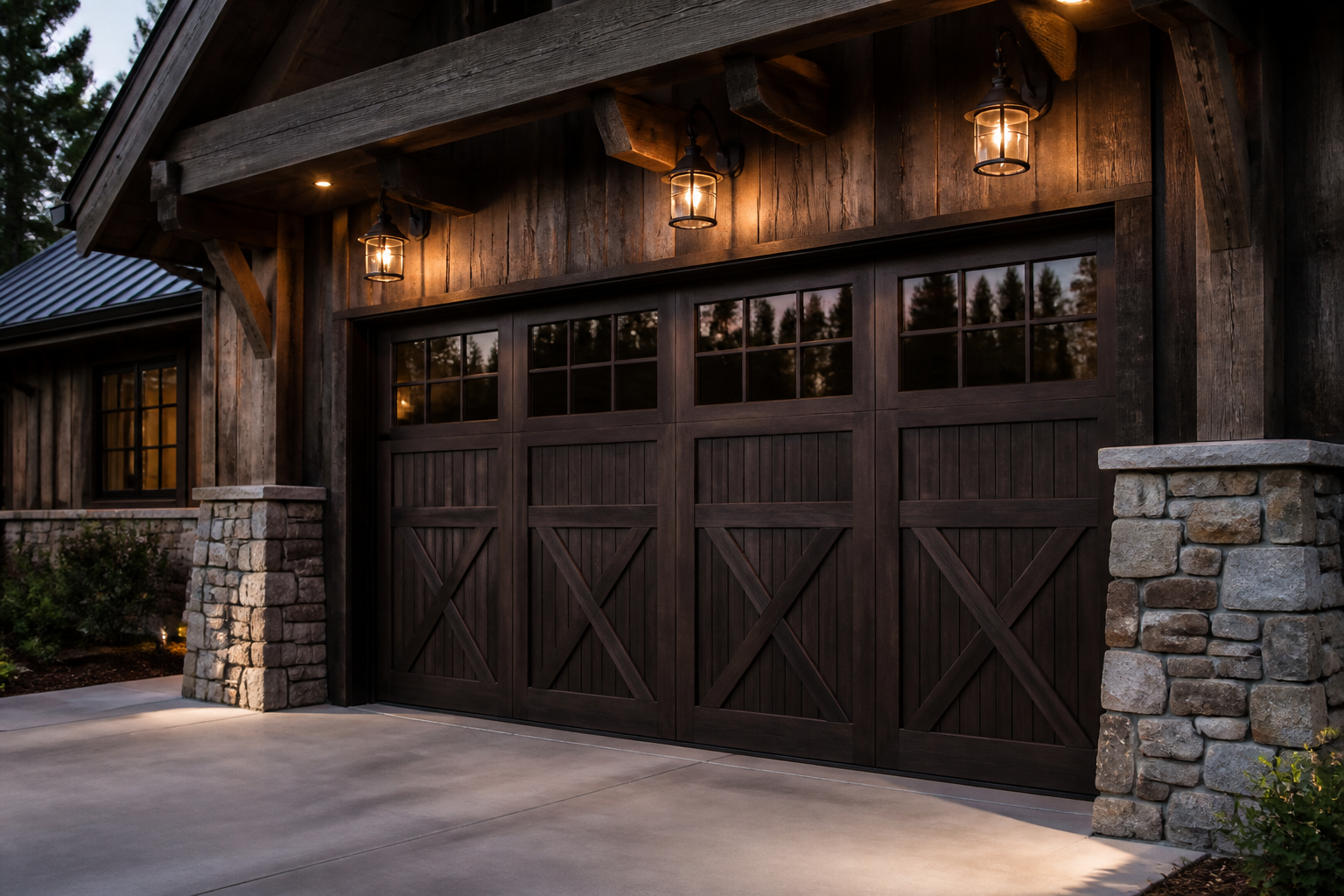 Country garage with industrial cage pendant lights and Edison bulbs creating rustic industrial aesthetic