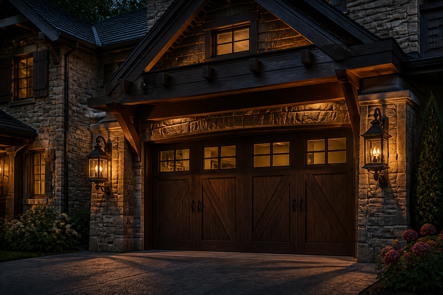 Timber frame garage with wrought iron carriage lights on stone pillars creating old-world ambiance