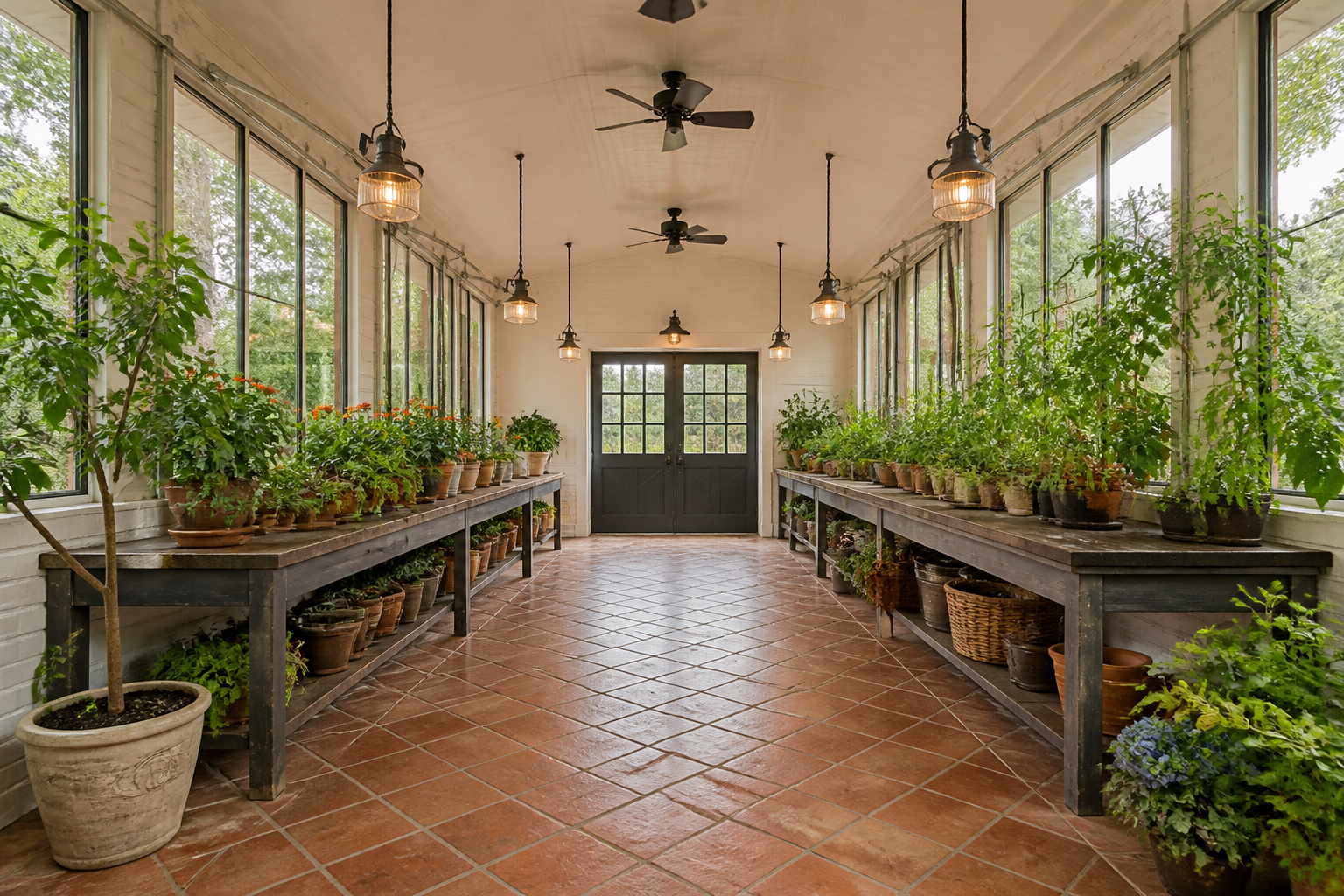 Two-car garage greenhouse with glass upper walls, central walkway, and planting tables