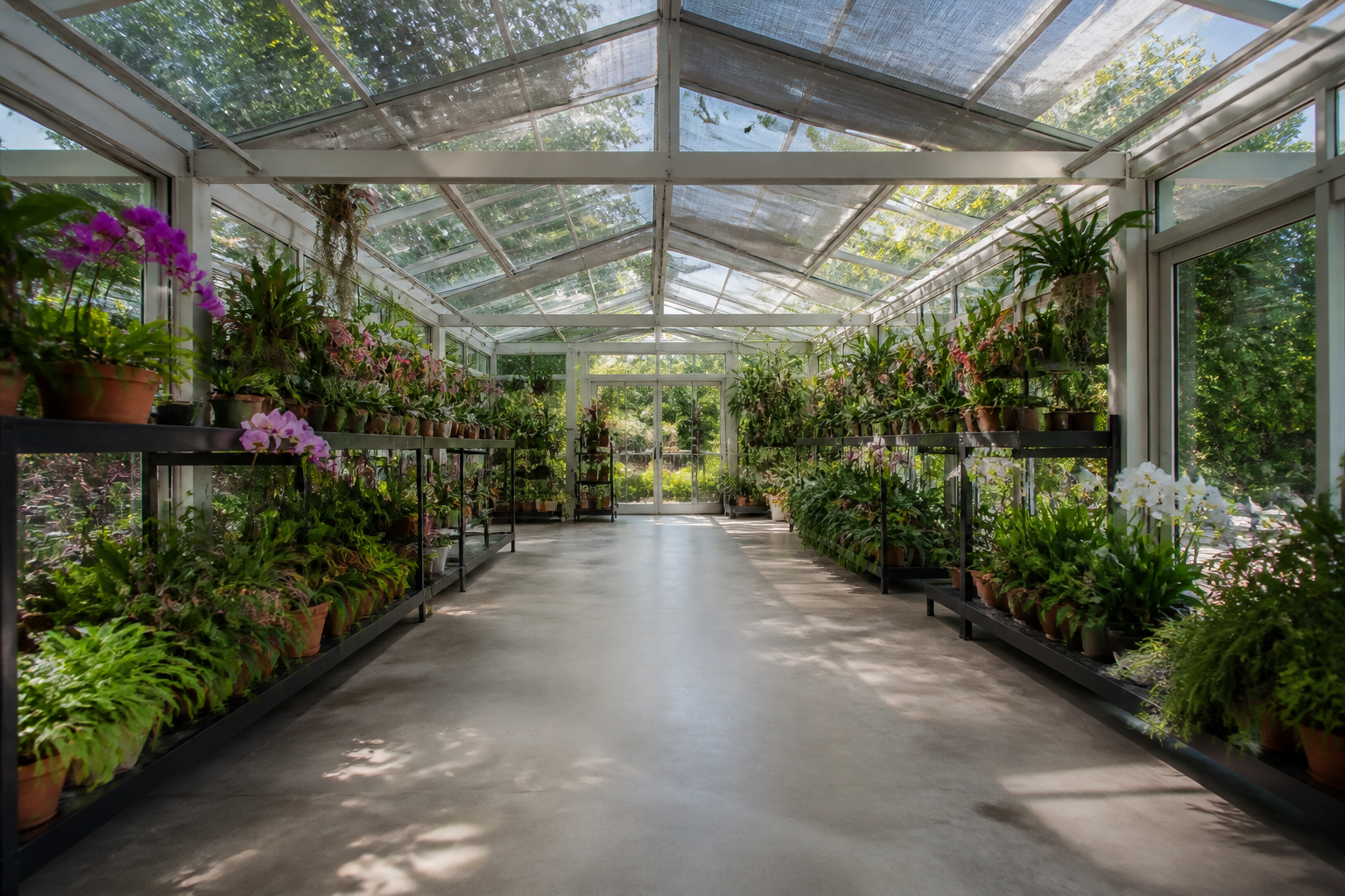 Modern garage greenhouse with transparent roof, sliding glass doors, and tropical plants on tiered shelving