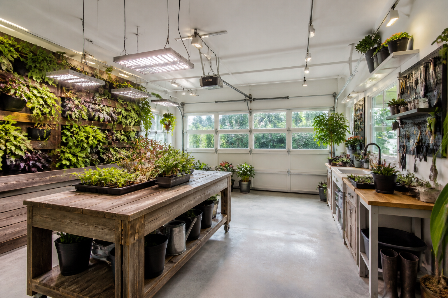 Garage greenhouse conversion keeping original door with added windows and vertical wall planters