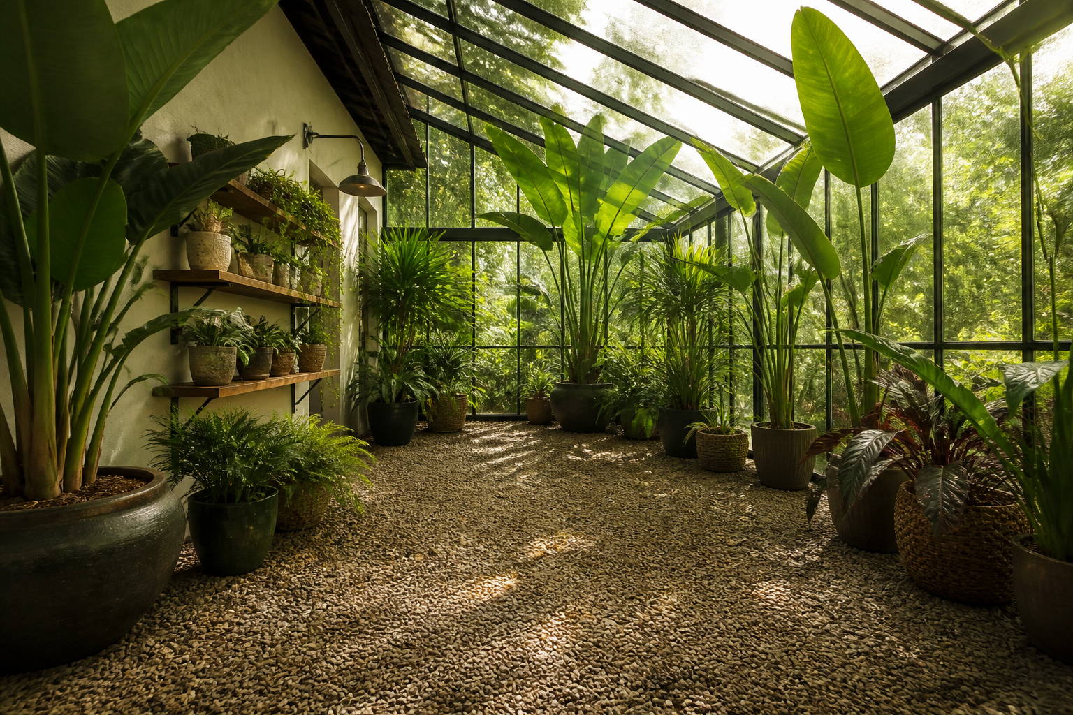 Attached garage greenhouse with three glass walls, gravel floor, and large tropical plants