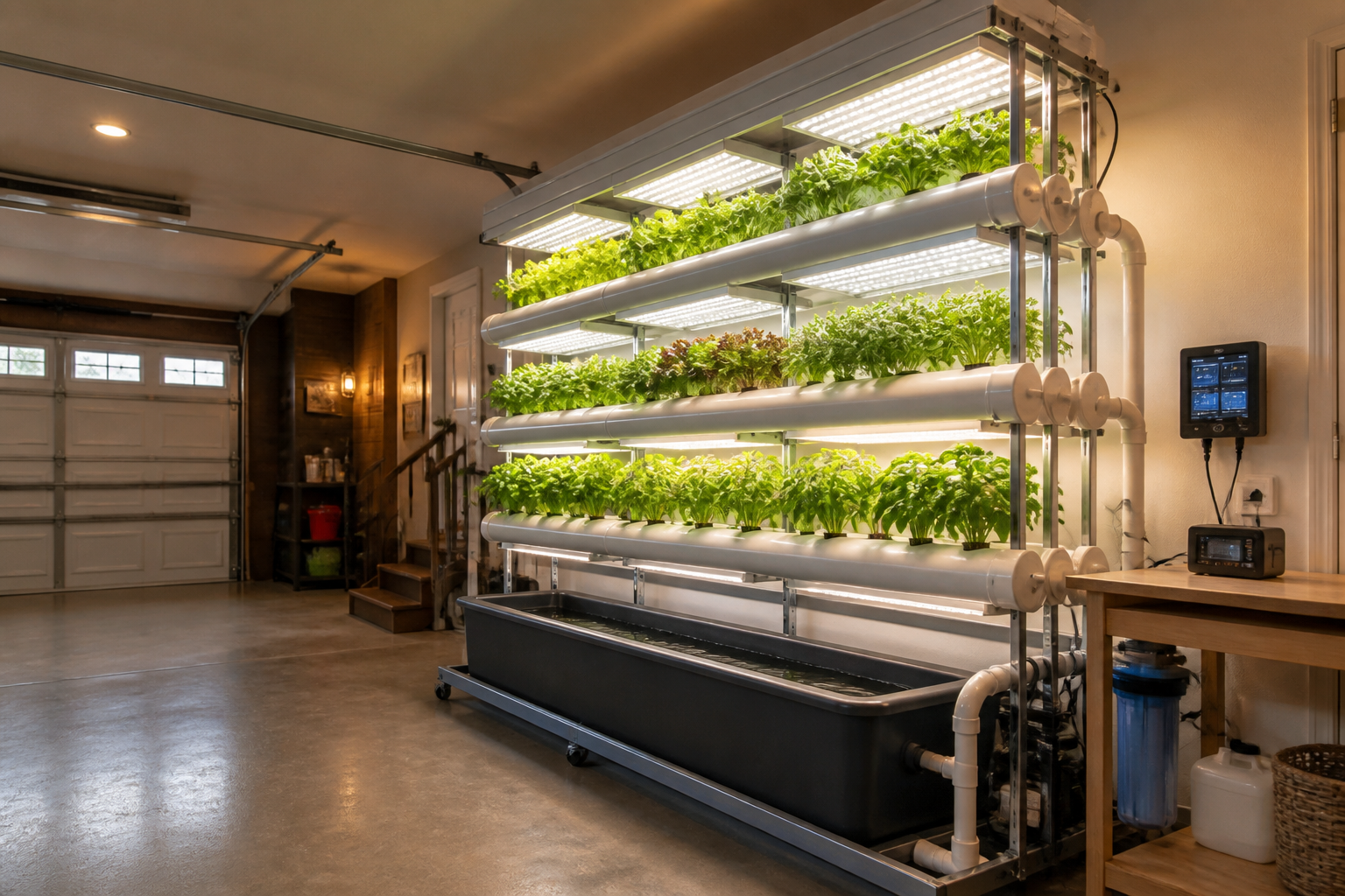 NFT hydroponic system in garage with tiered PVC pipes growing leafy greens under LED lights
