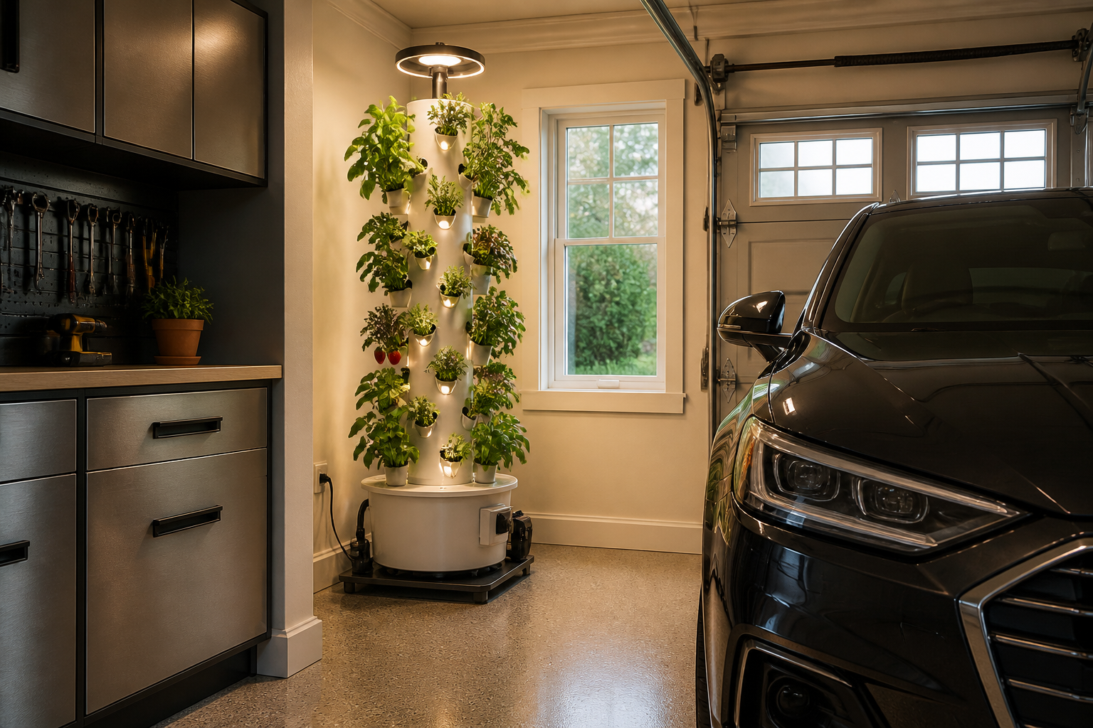Vertical aeroponic tower in garage corner growing strawberries and herbs with misting system