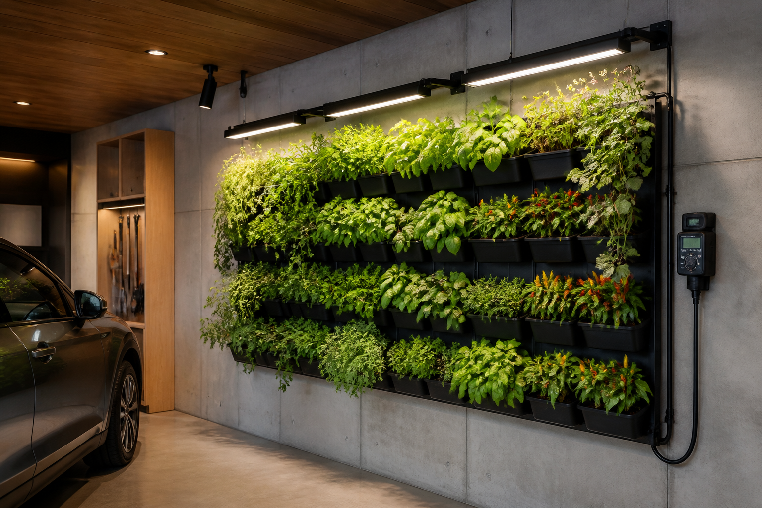 Wall-mounted modular vertical garden with drip irrigation growing herbs and peppers in garage