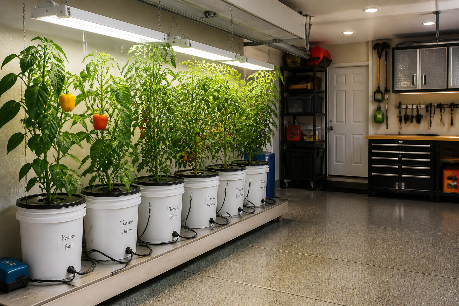 Deep water culture hydroponic buckets in garage growing tomatoes and peppers with aerated solution