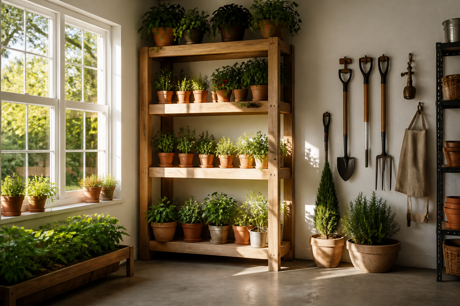 Garage corner with wooden shelves, potted herbs, and natural sunlight from window