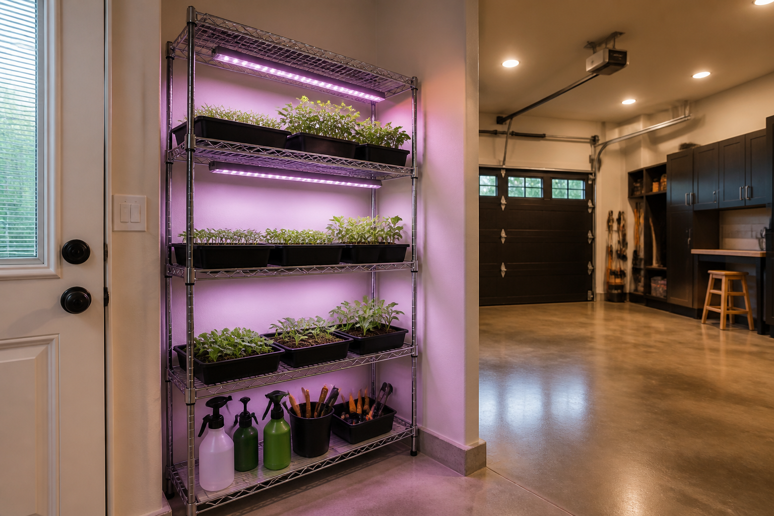 Wire shelving unit in garage with seedling trays and purple LED grow lights