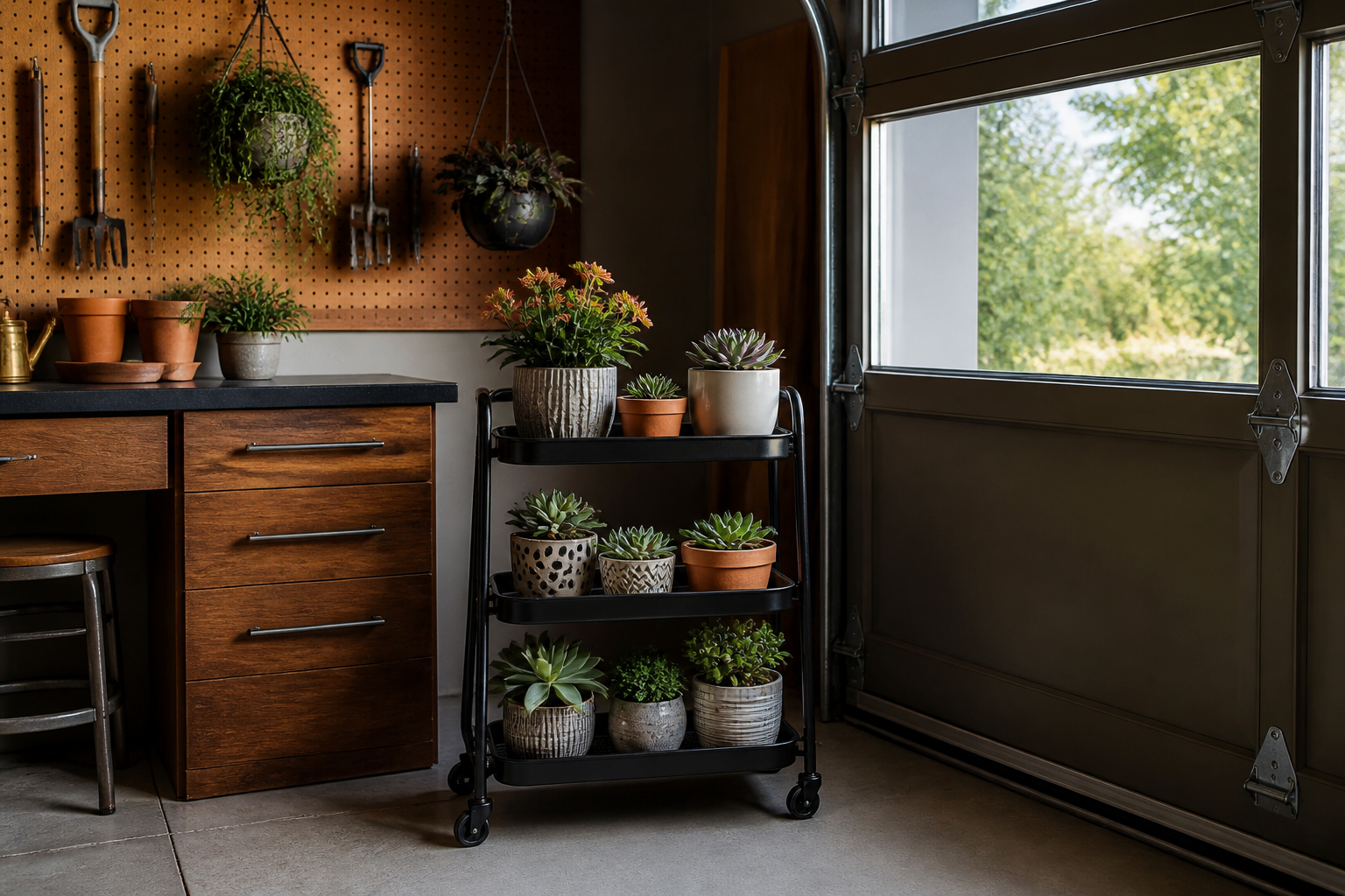 Three-tier rolling plant cart with succulents near garage door window