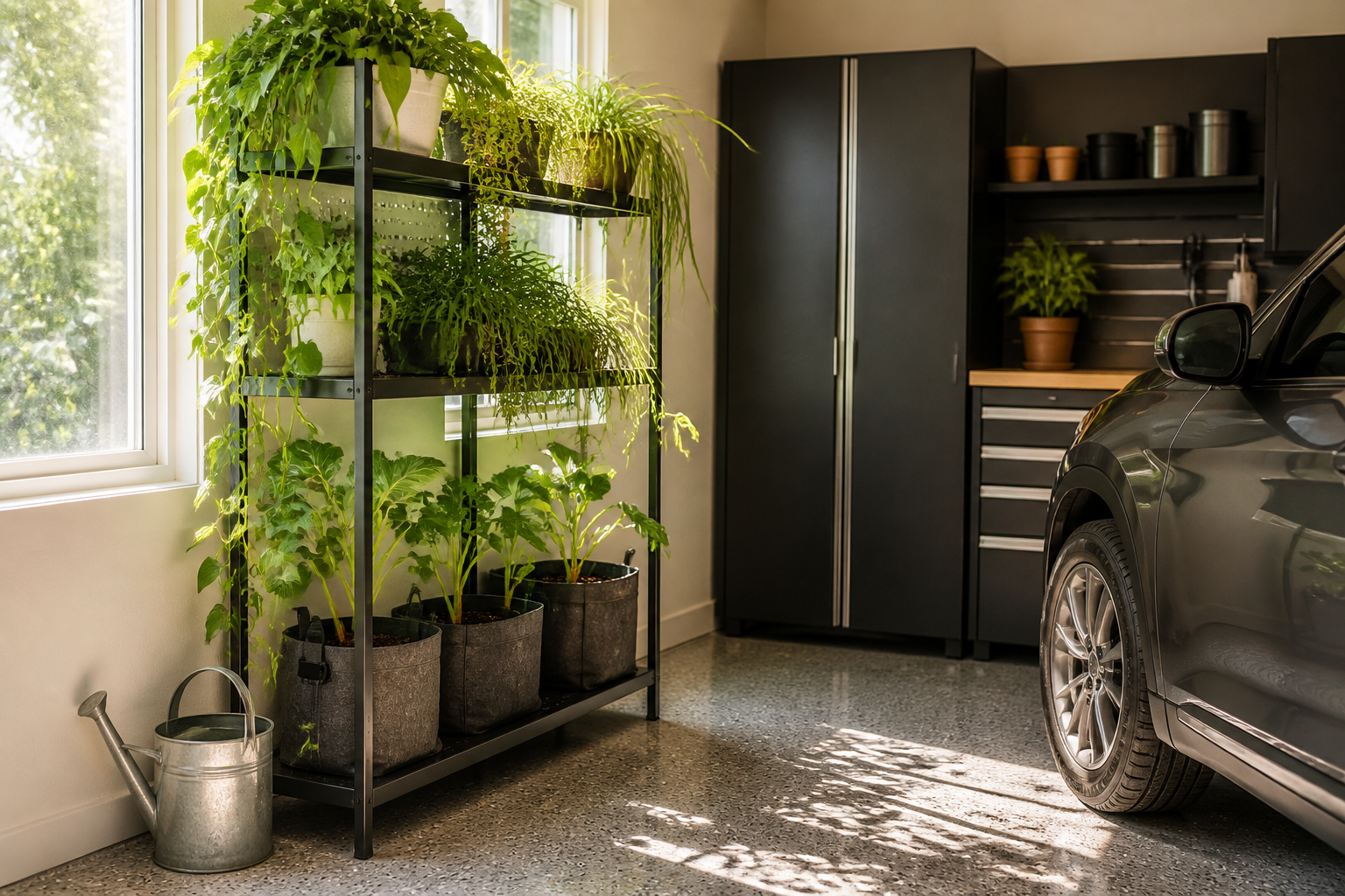Tall plant shelf in garage corner with trailing plants and fabric grow bags