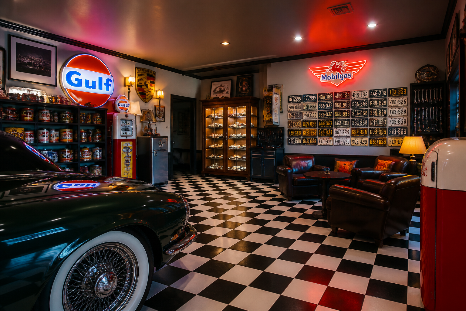 Garage automotive memorabilia collection with vintage signs and neon displays