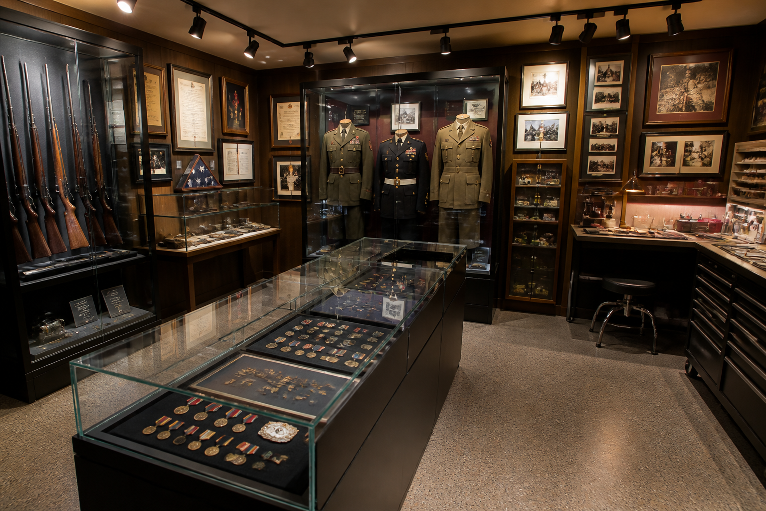 Garage military collection display room with artifact cases and uniform displays