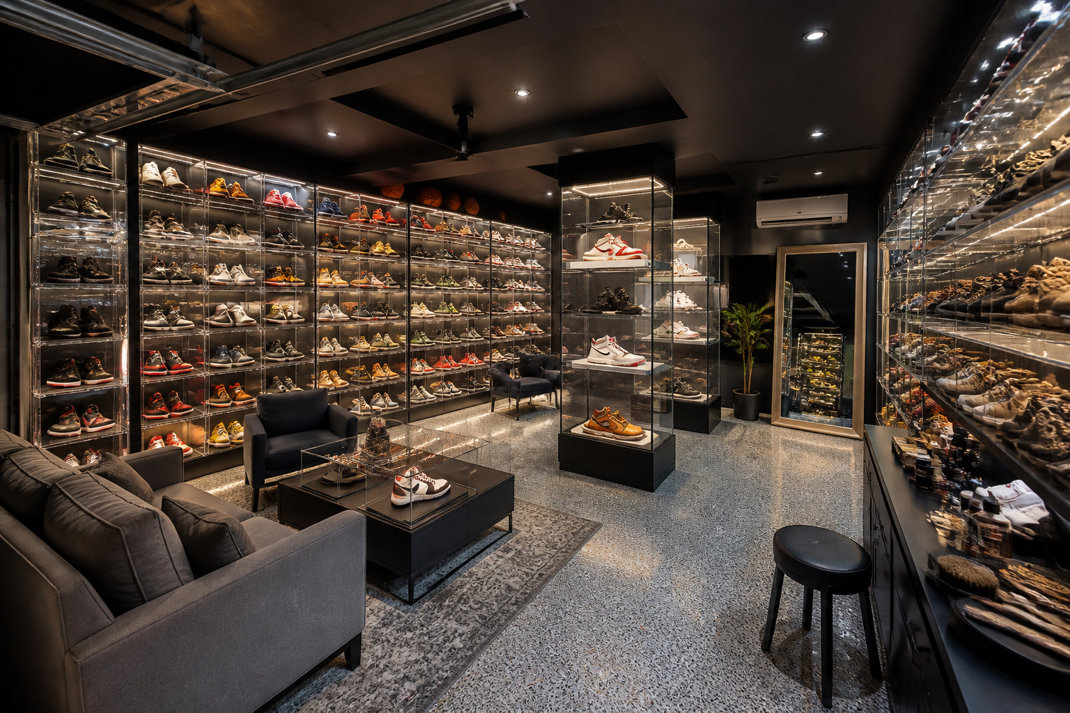Garage sneaker collection showroom with illuminated acrylic display boxes