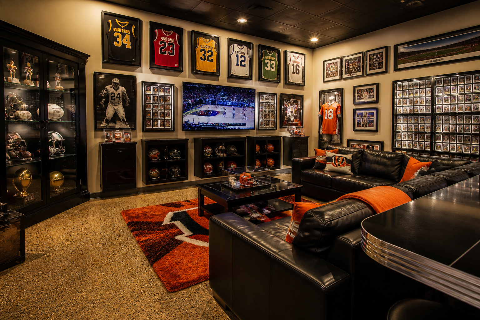 Garage sports memorabilia display room with jersey cases and trophy shelving