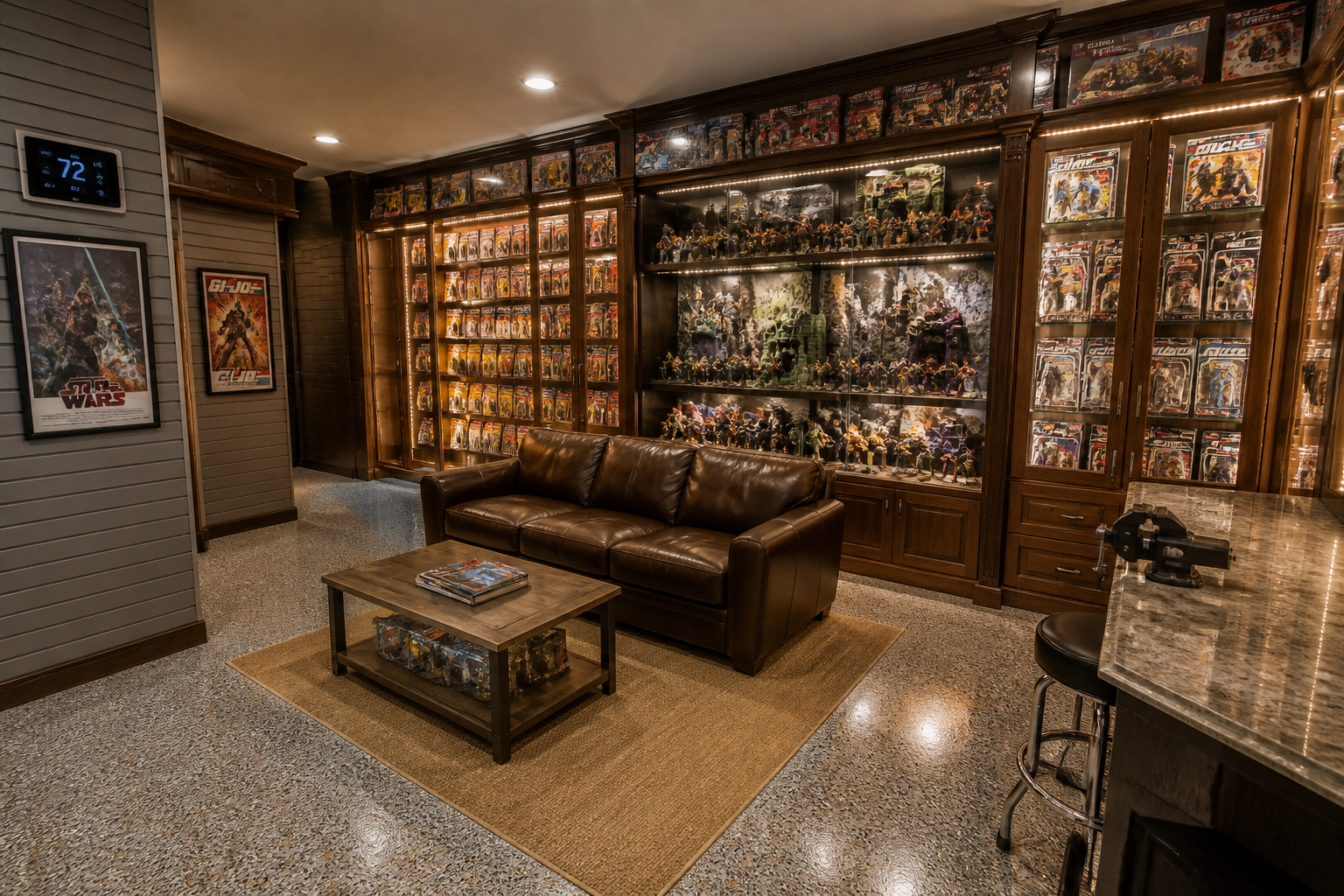 Garage vintage toy collection room with illuminated display shelving and glass cabinets