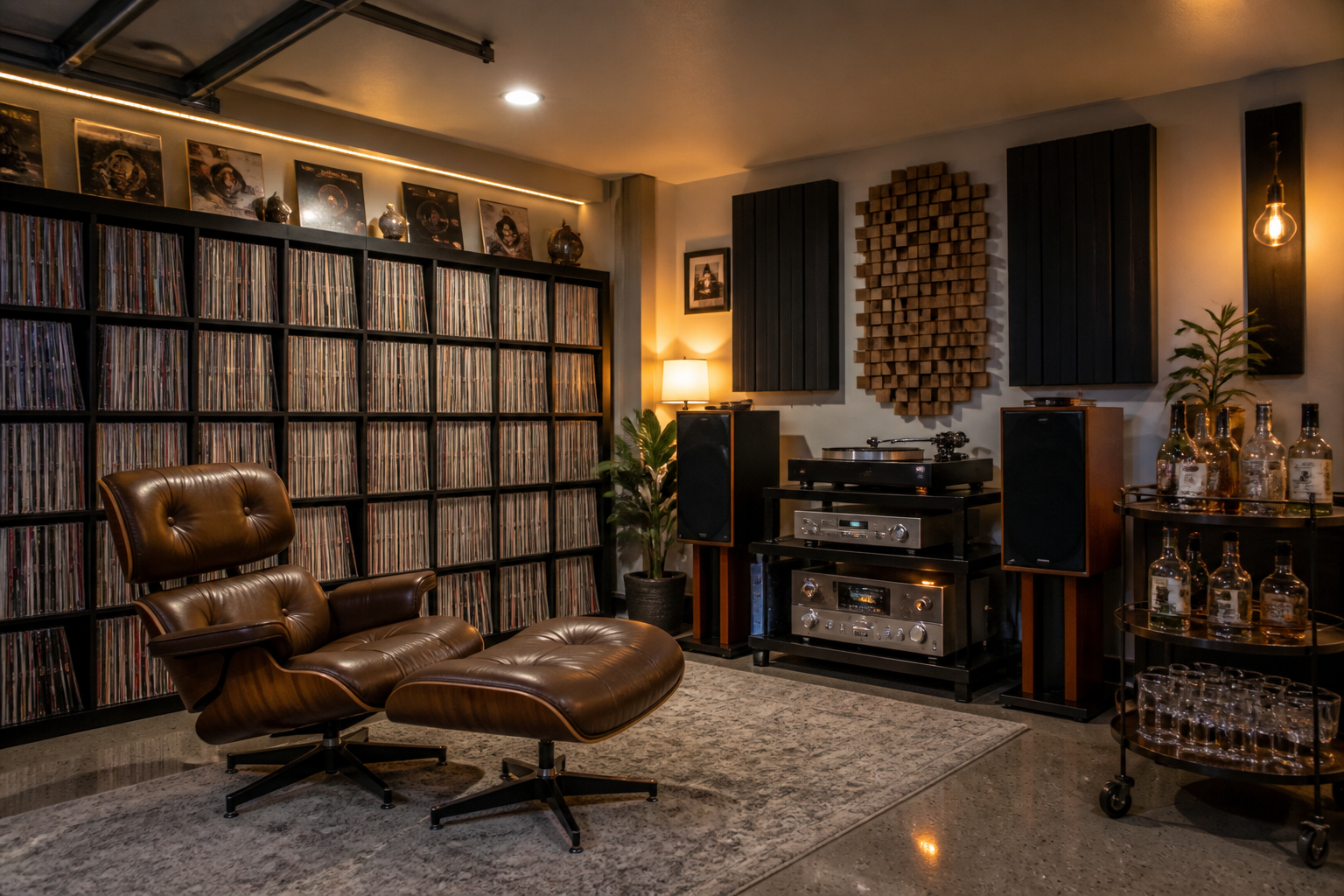 Garage vinyl record collection room with floor to ceiling storage and listening station