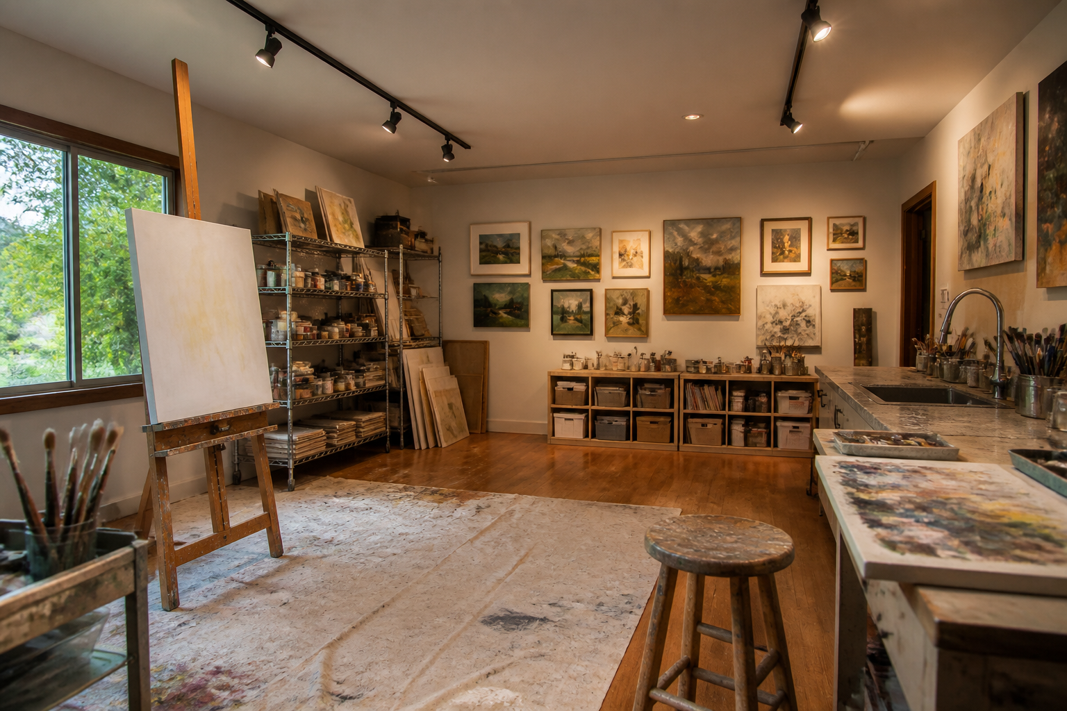 Garage art studio with easel setup and paint supply storage shelving
