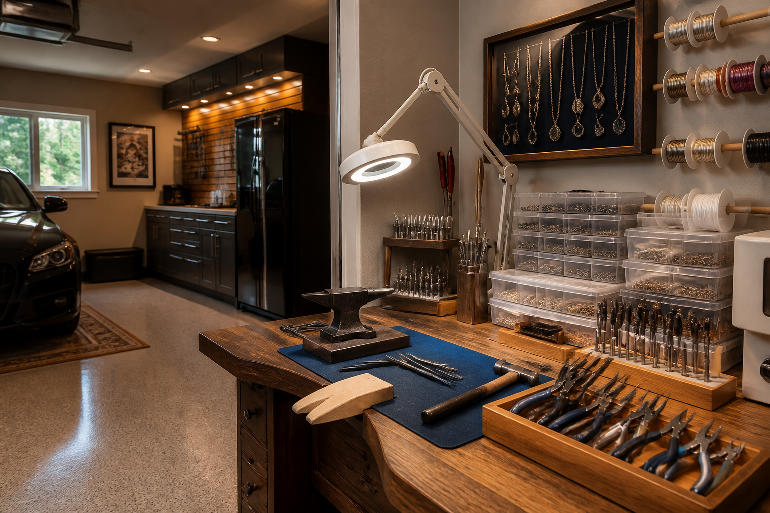 Garage jewelry making workbench with bead storage and magnifying lamp