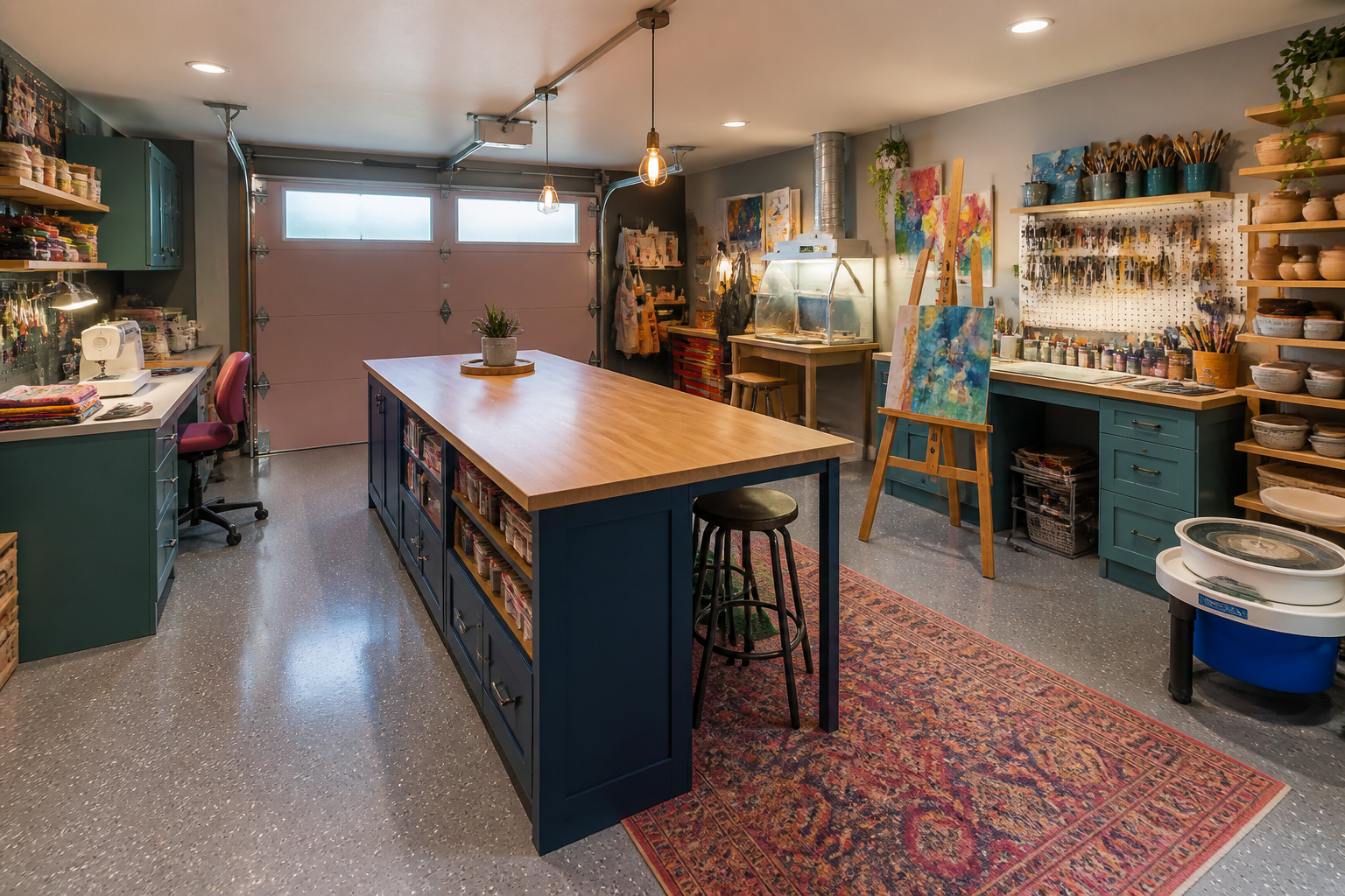 Multi-purpose garage craft room with zones for sewing, painting, and pottery
