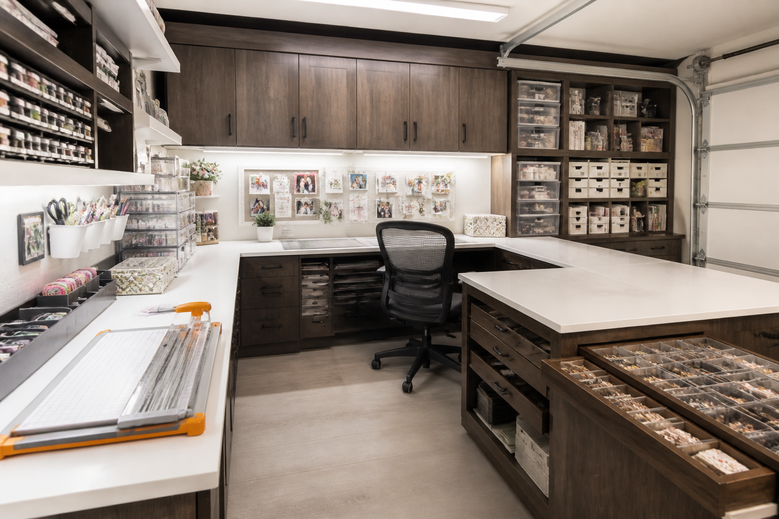 U-shaped garage scrapbooking station with paper storage and stamp organization