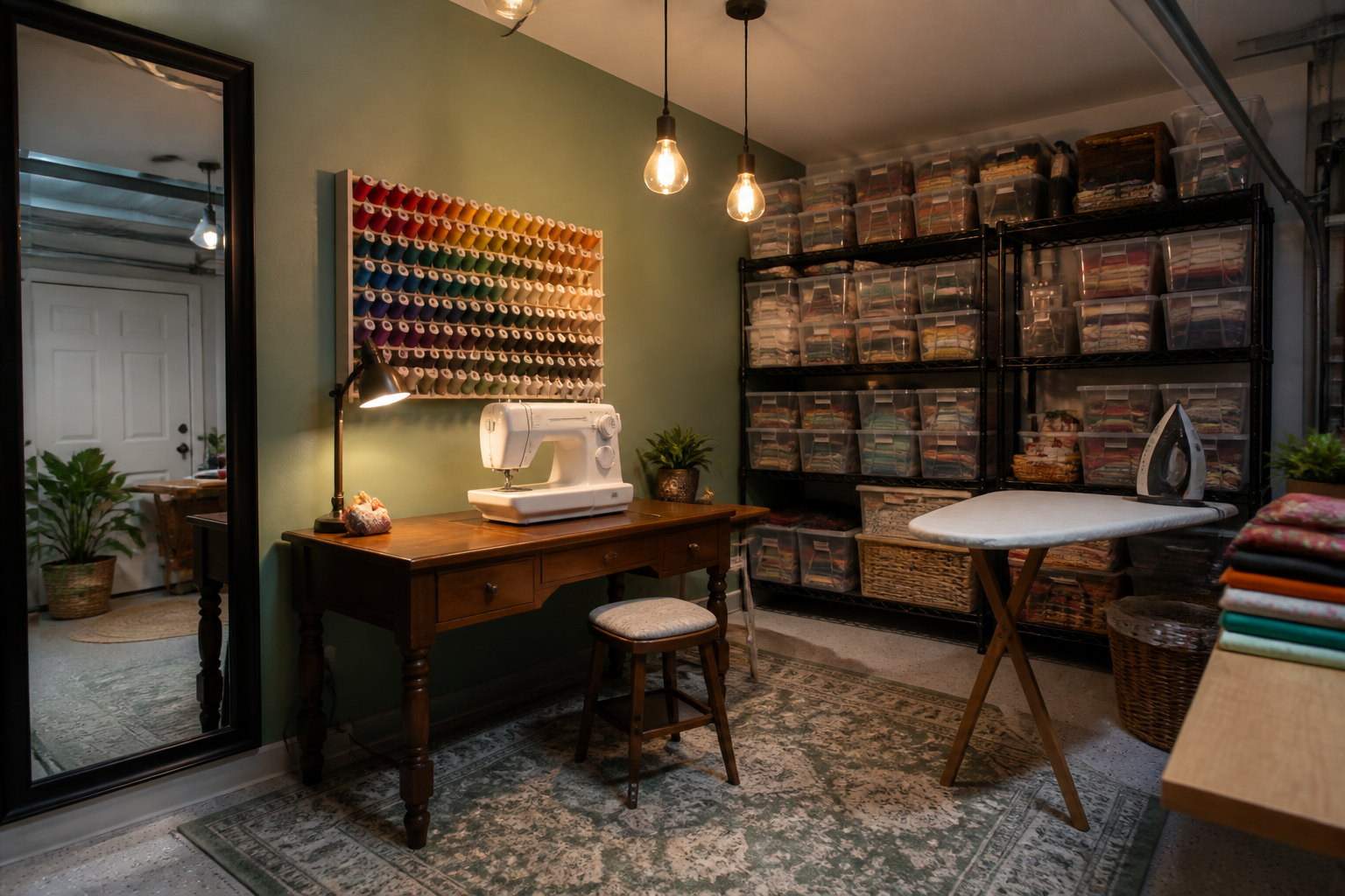 Garage sewing station with thread organizer wall and fabric storage bins