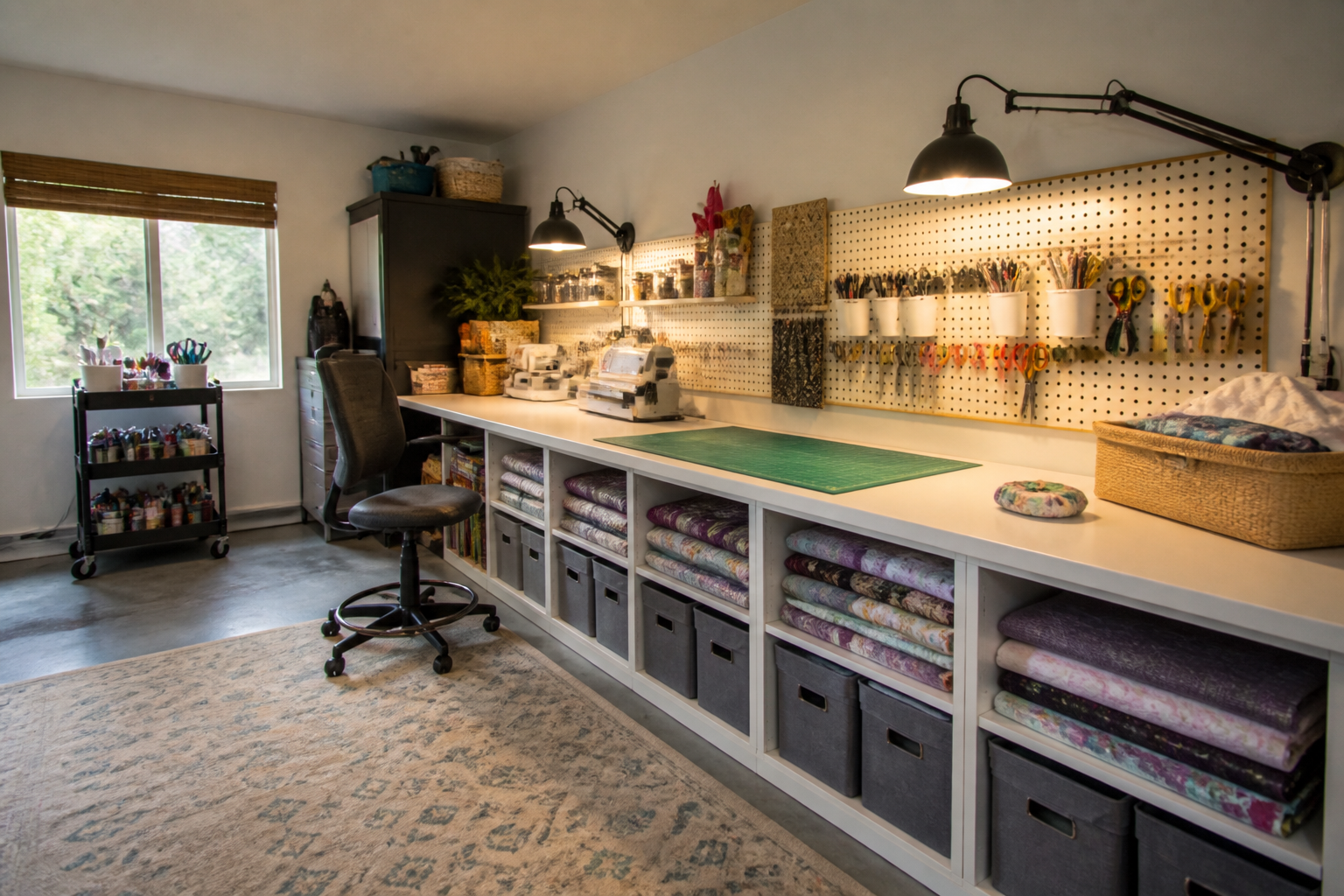 White garage craft room with pegboard wall storage and long workbench counter