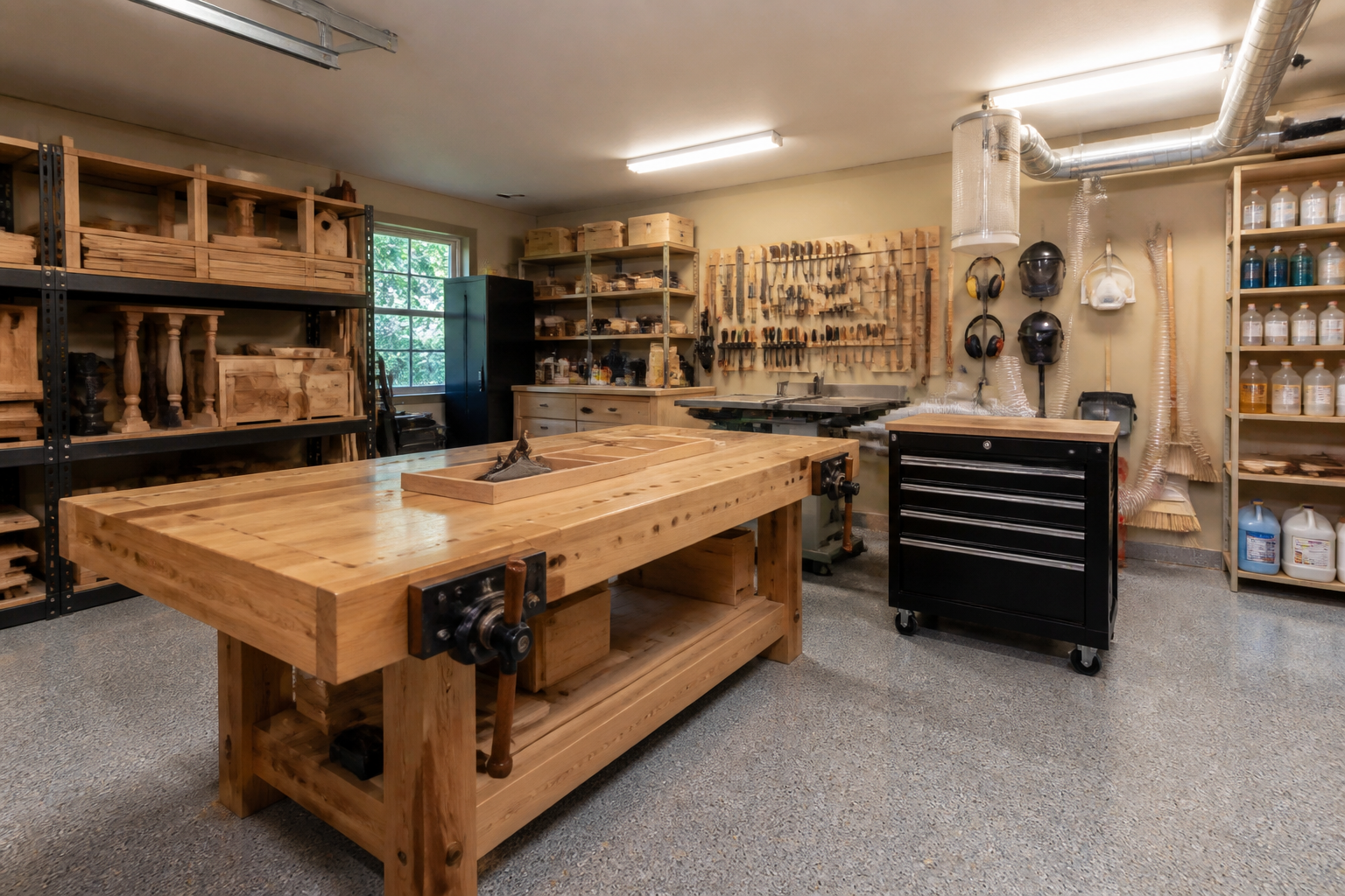 Garage woodworking crafting station with butcher block workbench and French cleat tool storage