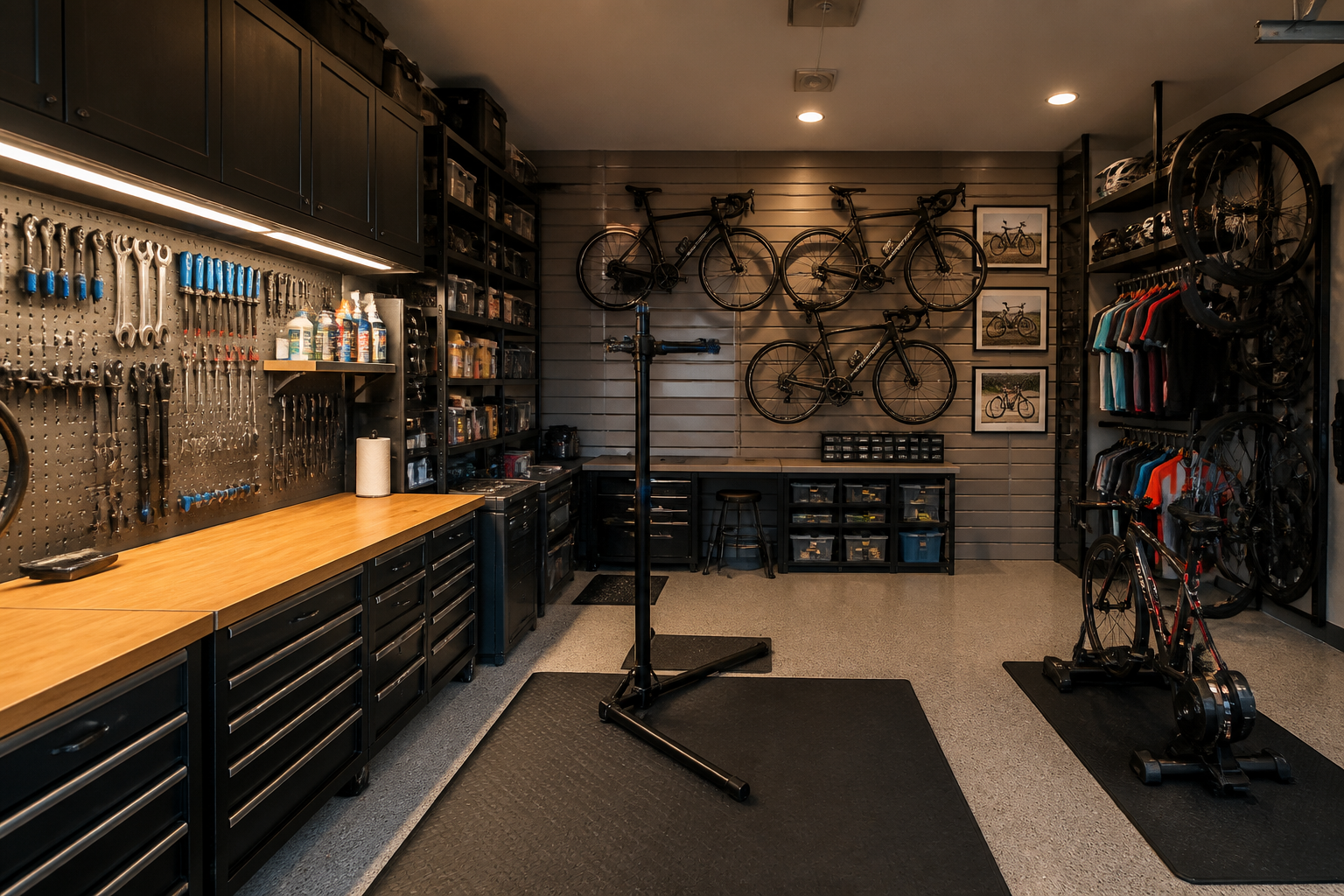 Garage bicycle workshop with repair station and organized cycling gear storage