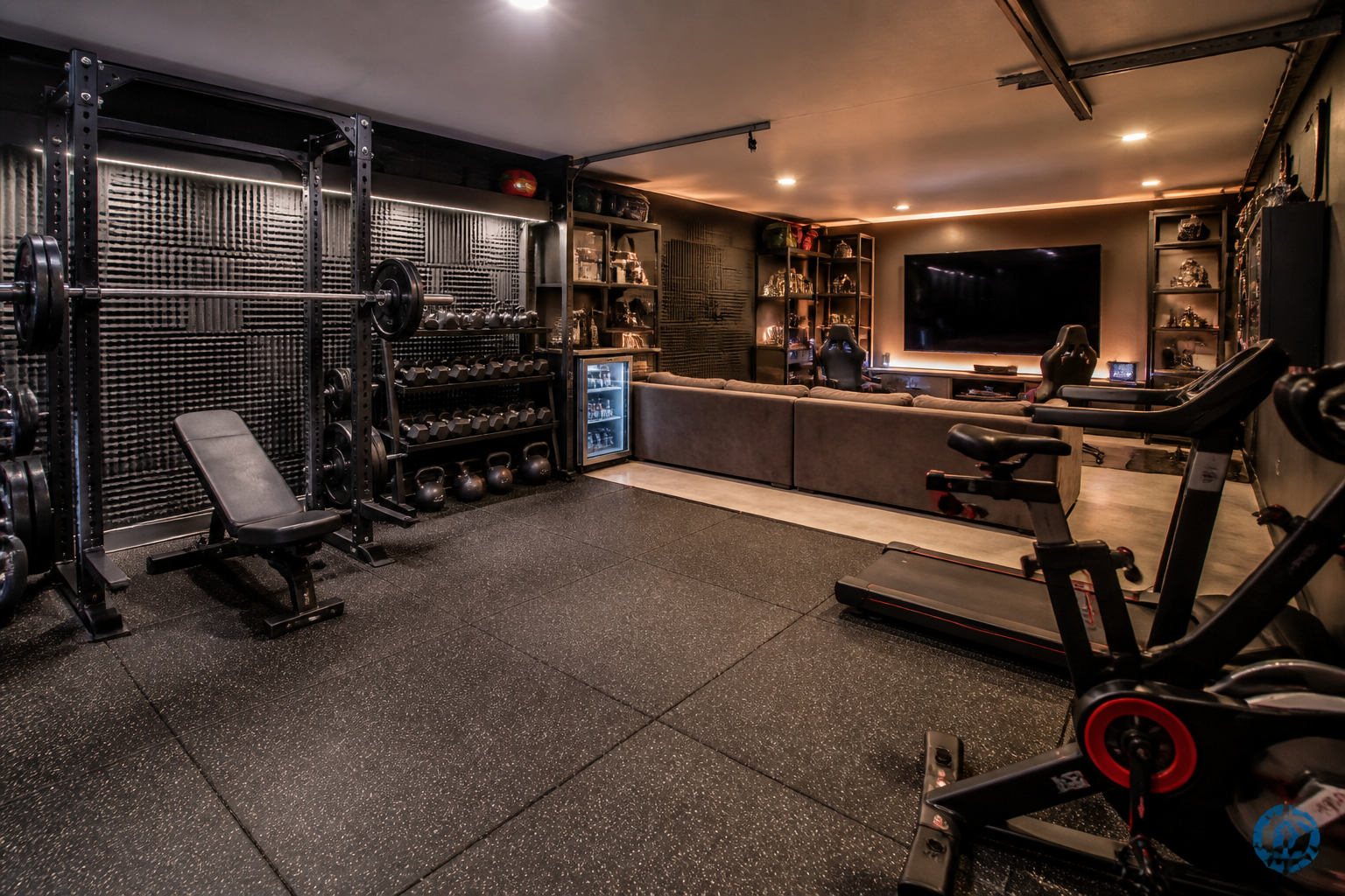 Garage combining home gym equipment area with gaming lounge setup