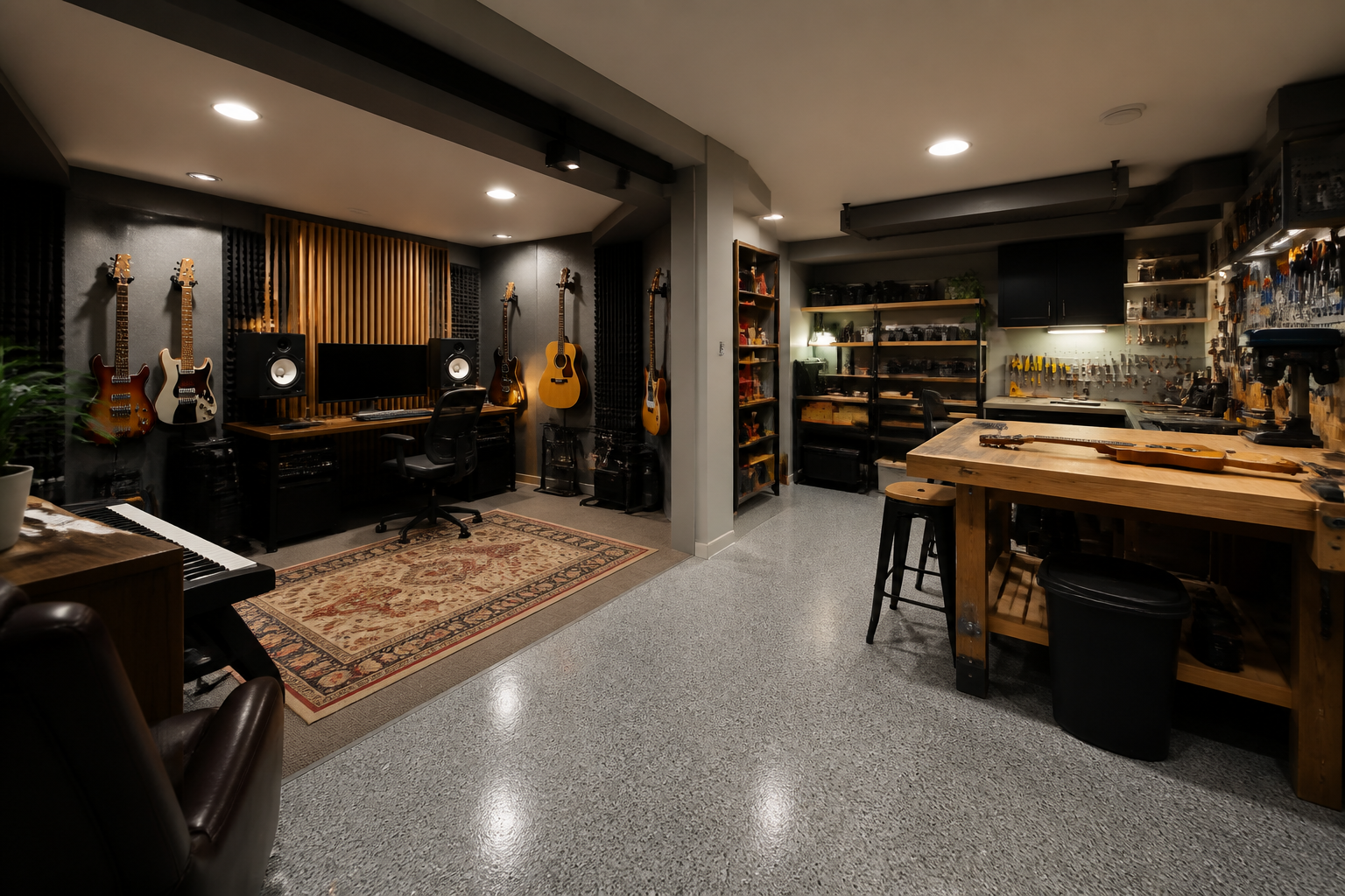 Garage combining music recording studio with instrument building workshop
