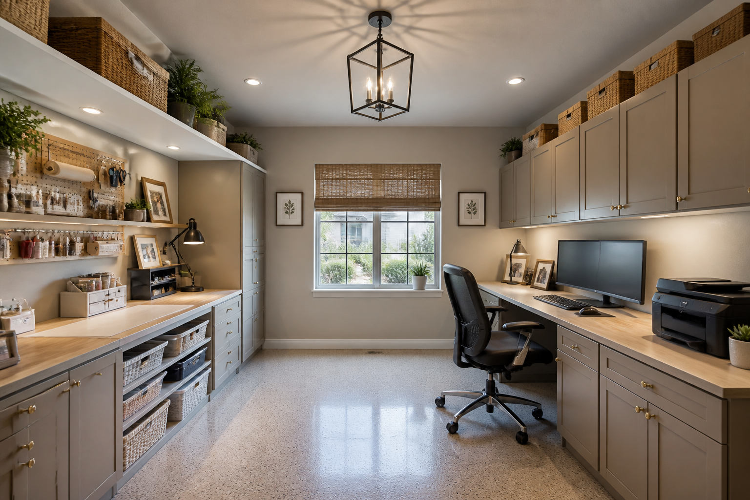 Garage office and craft room combination with desk and crafting counter