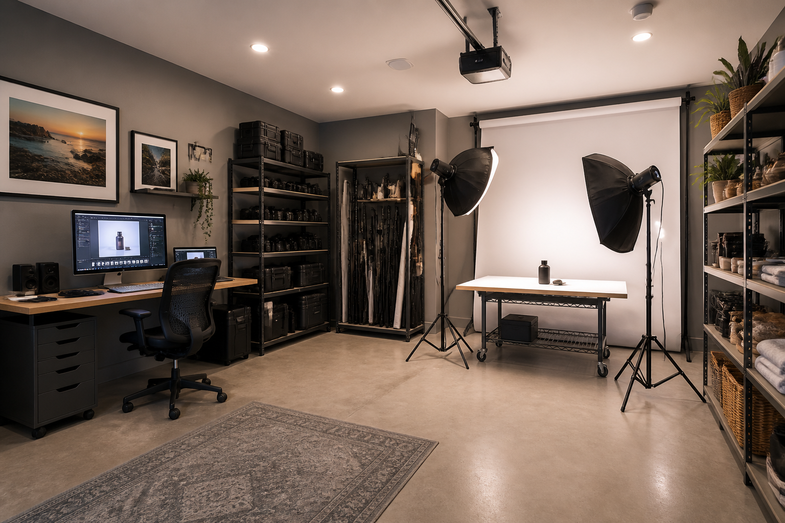 Garage photography studio with shooting area and photo editing workstation