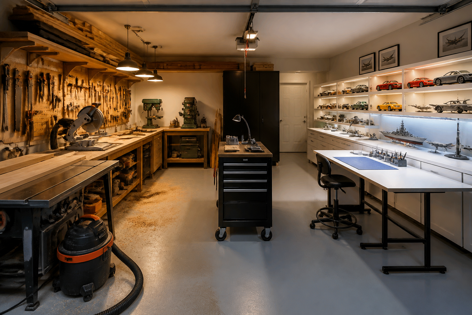 Garage workshop combining woodworking station and clean model building area