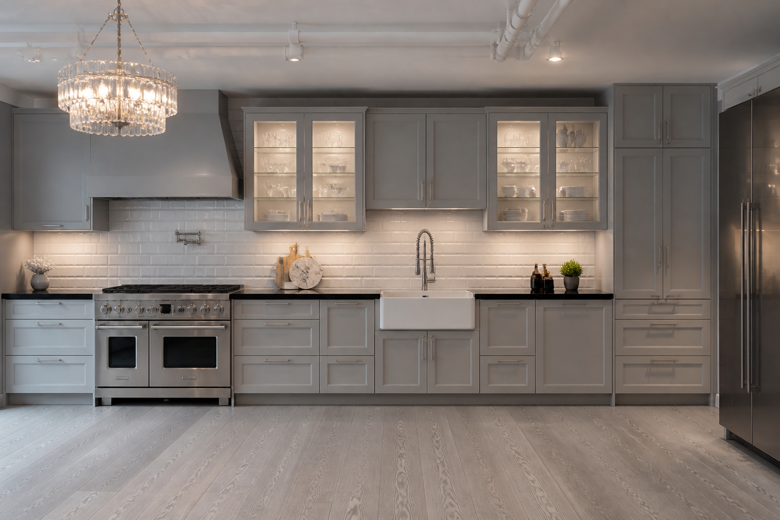 High-end gray garage kitchen with black granite counters and professional range
