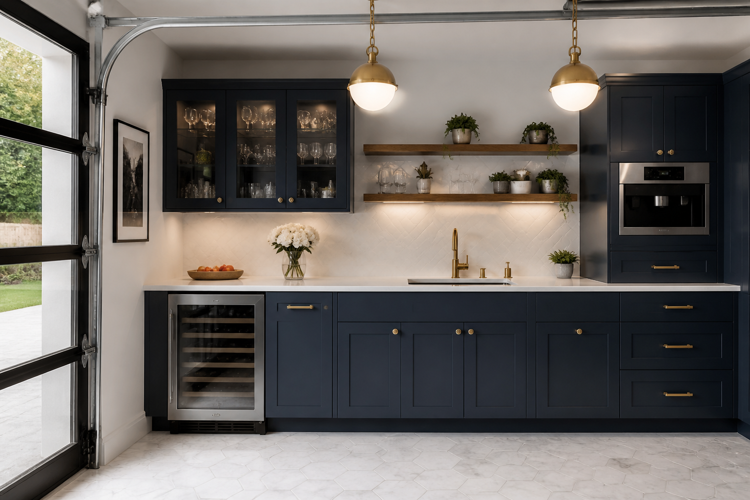 High-end navy blue garage kitchen with brass fixtures and marble hexagon tile