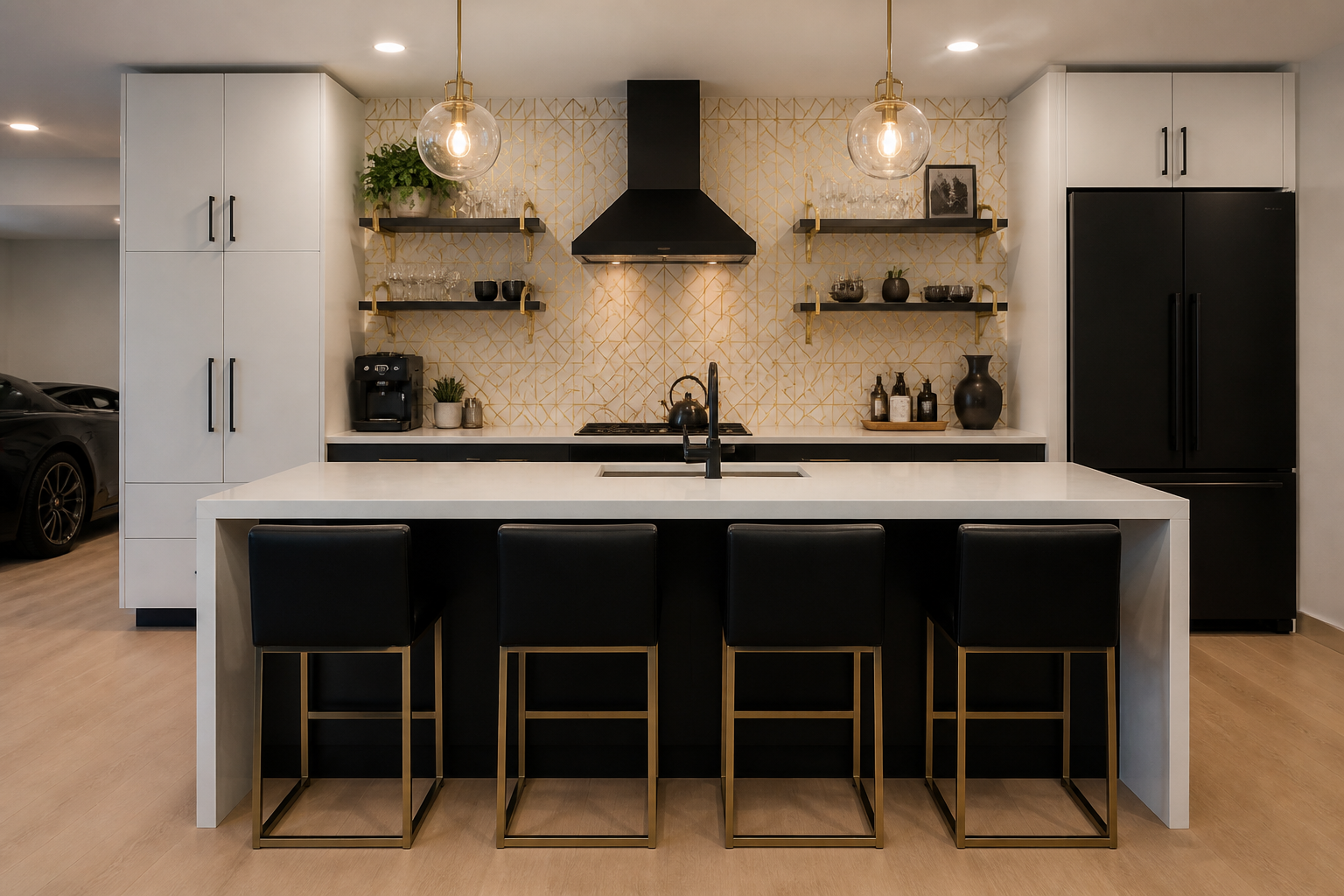 Modern two-tone garage kitchen with gold geometric backsplash and waterfall island