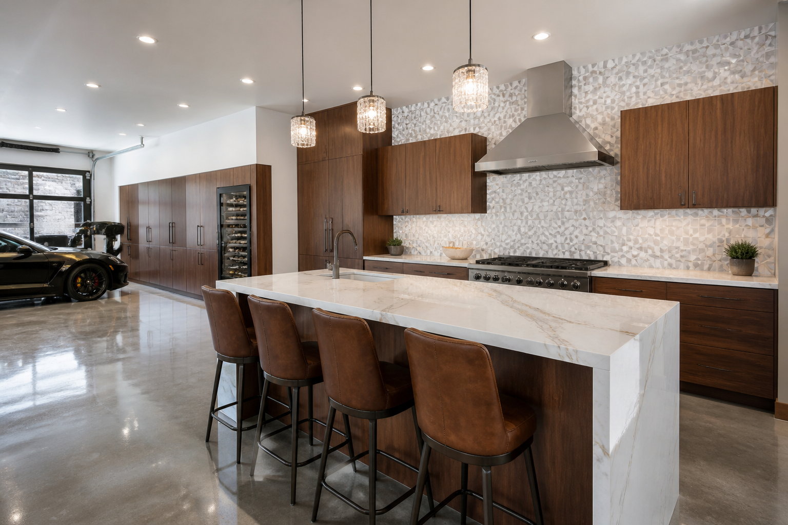 Sophisticated walnut garage kitchen with Calacatta quartz and geometric tile backsplash