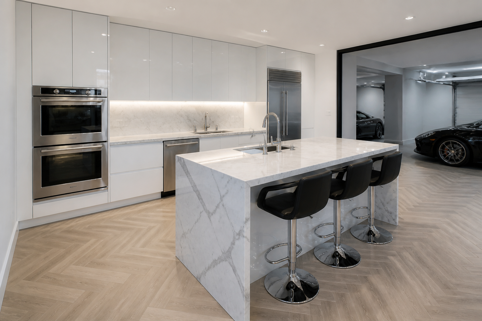 Luxury white garage kitchen with Carrara marble counters and waterfall island