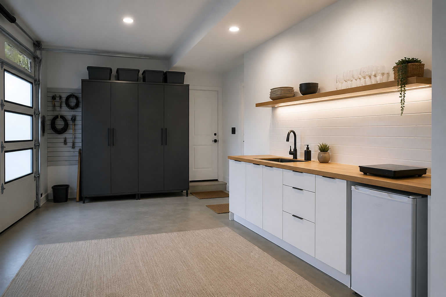 Compact garage kitchenette with butcher block counter and portable induction cooktop
