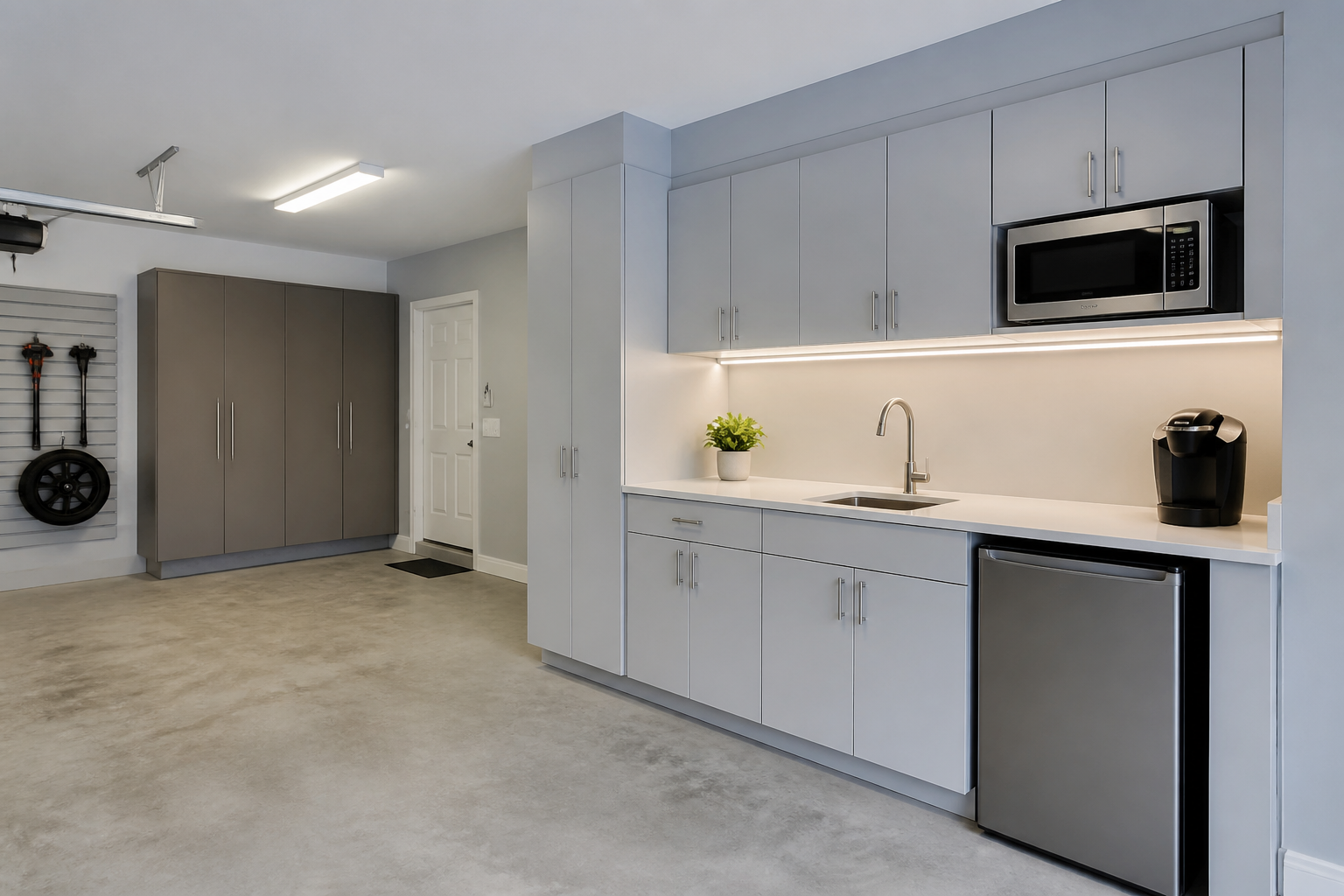 Compact gray cabinet garage kitchenette with LED under-cabinet lighting