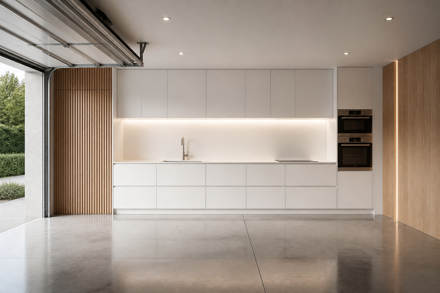 Modern handleless white garage kitchen with integrated appliances and wood accent wall