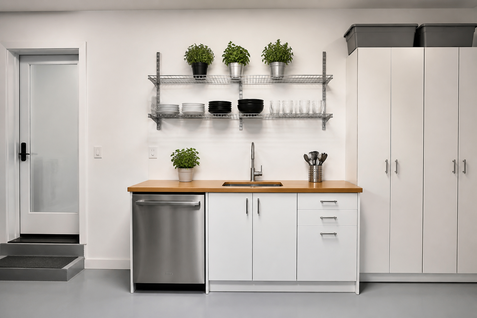 Minimalist garage kitchenette with metal shelving and bamboo countertop