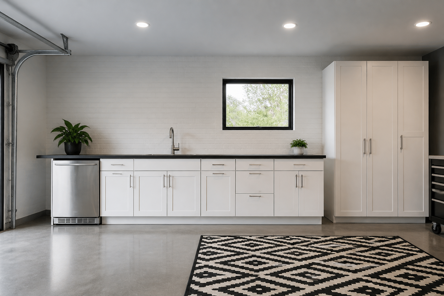 Single wall minimalist garage kitchen with white cabinets and black countertops