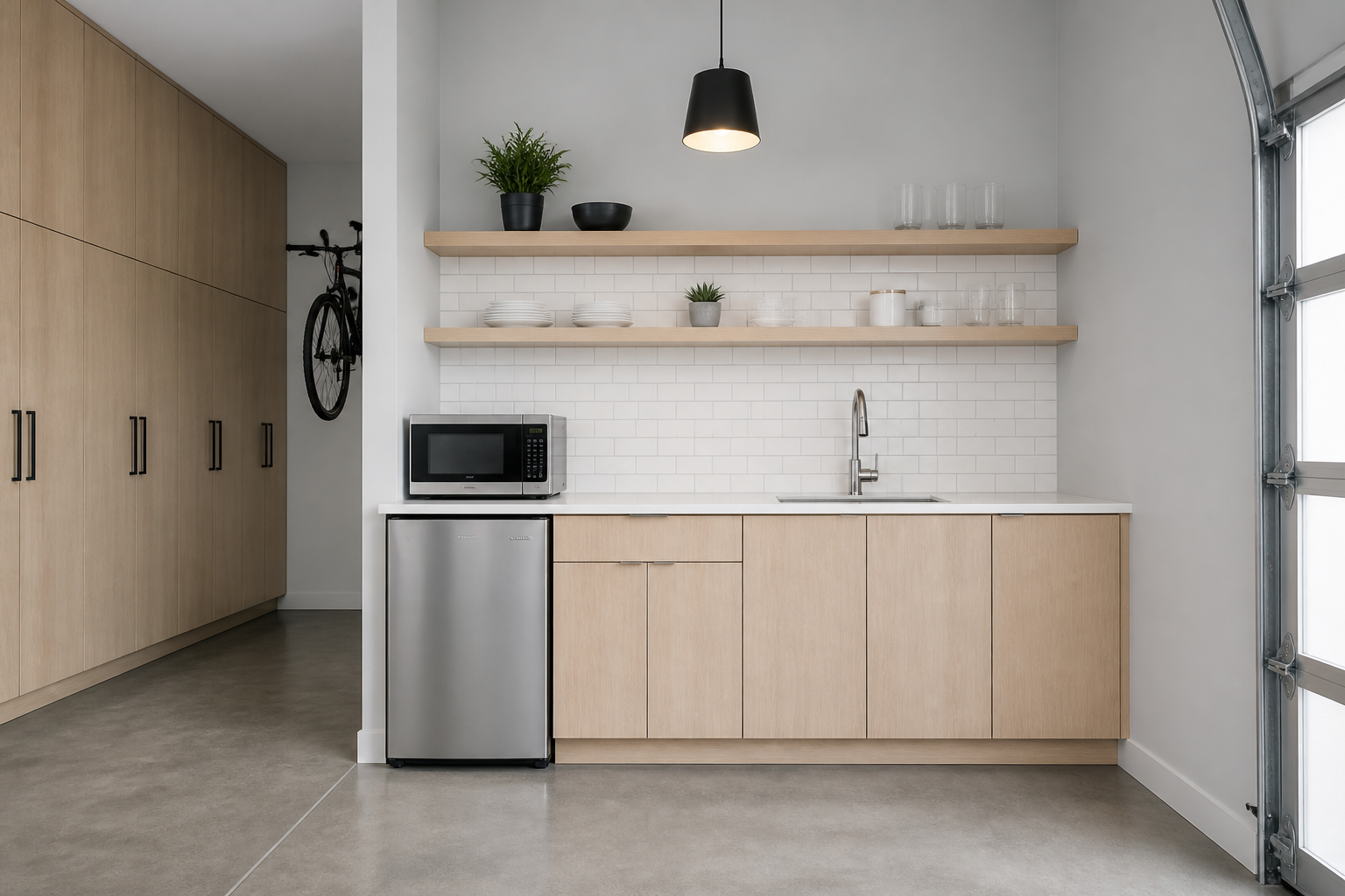 Minimalist white garage kitchenette with floating shelves and stainless appliances