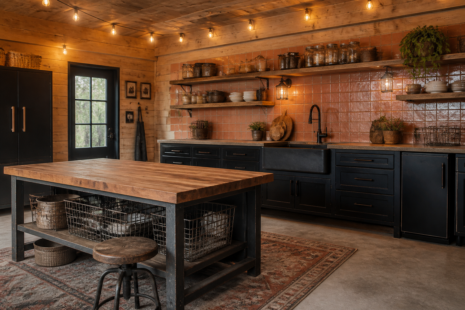 Rustic pine plank garage kitchen with cast iron sink and terracotta tile