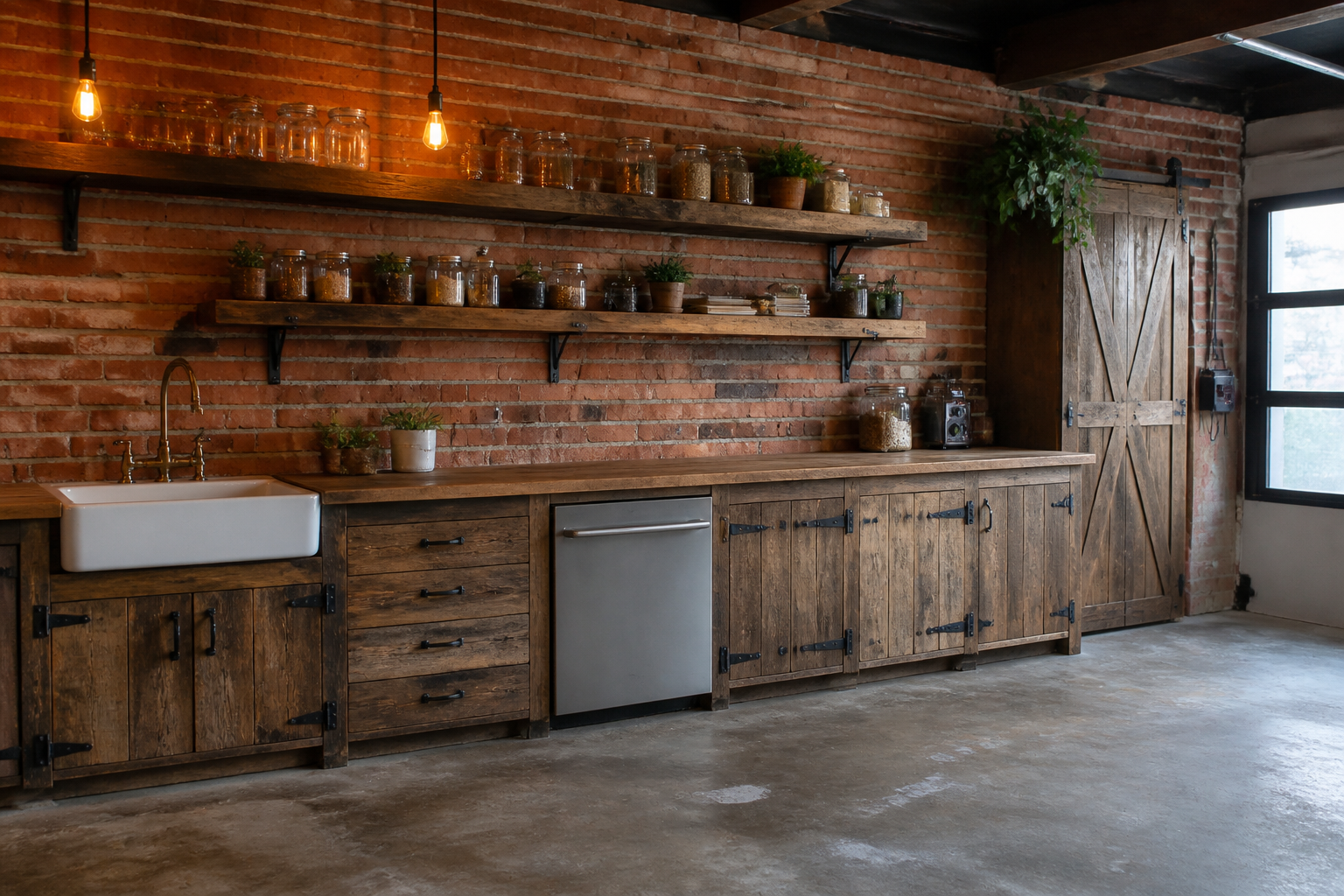 Rustic garage kitchen with reclaimed wood shelves and exposed brick wall